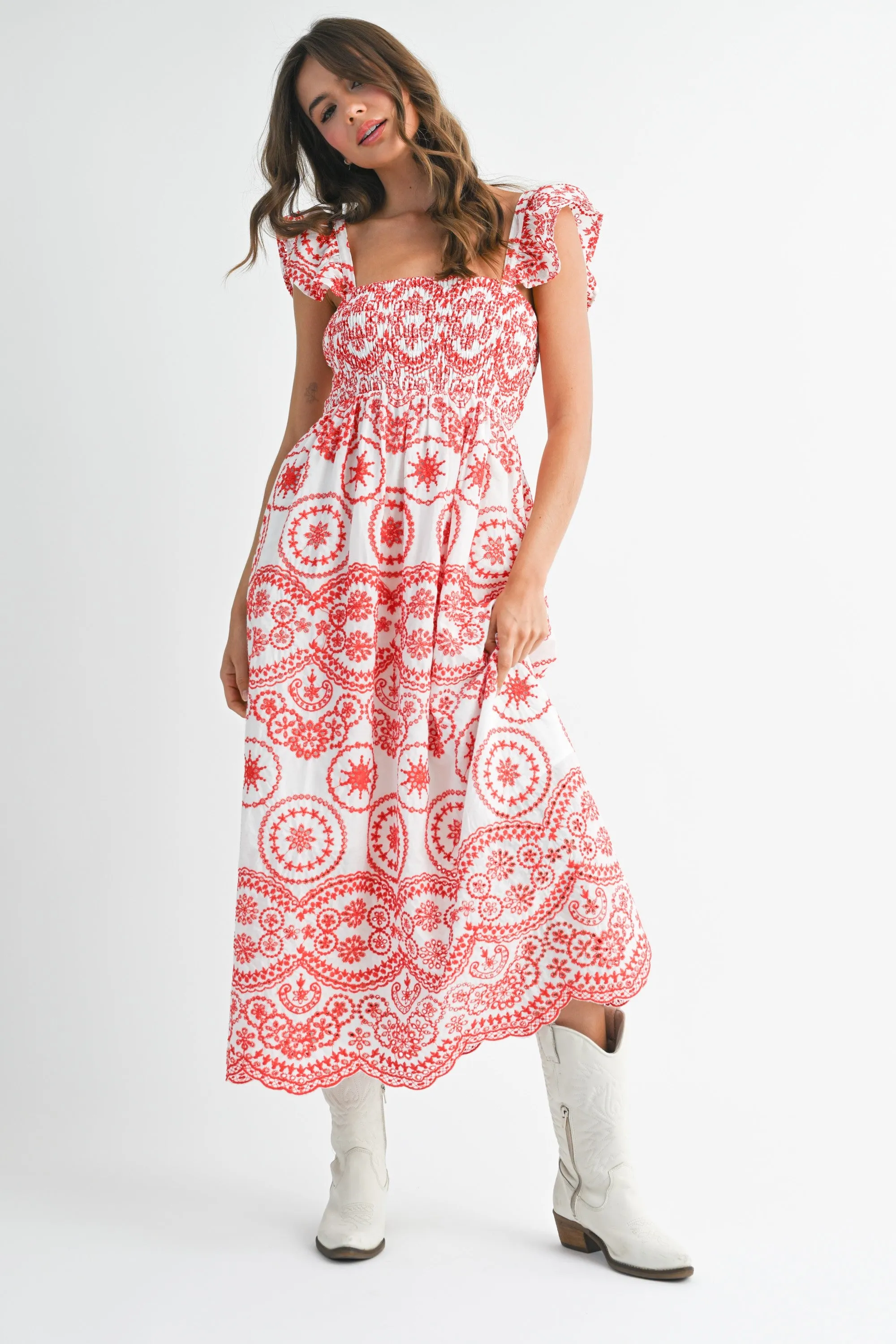 Red Embroidered Smocked Cutout Midi Dress sold by Pinkblush product image thumbnail 2