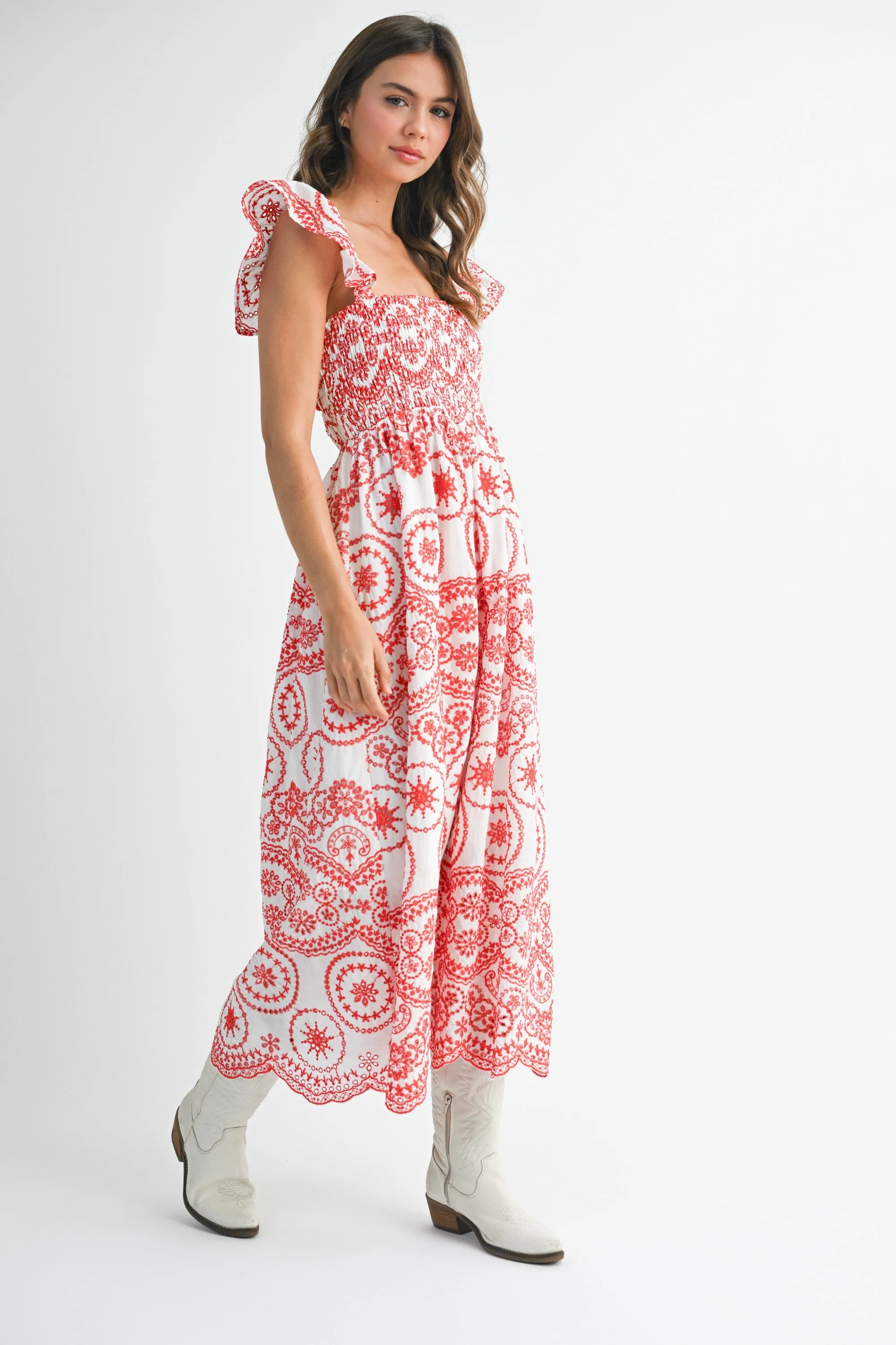 Red Embroidered Smocked Cutout Midi Dress sold by Pinkblush product image thumbnail 3