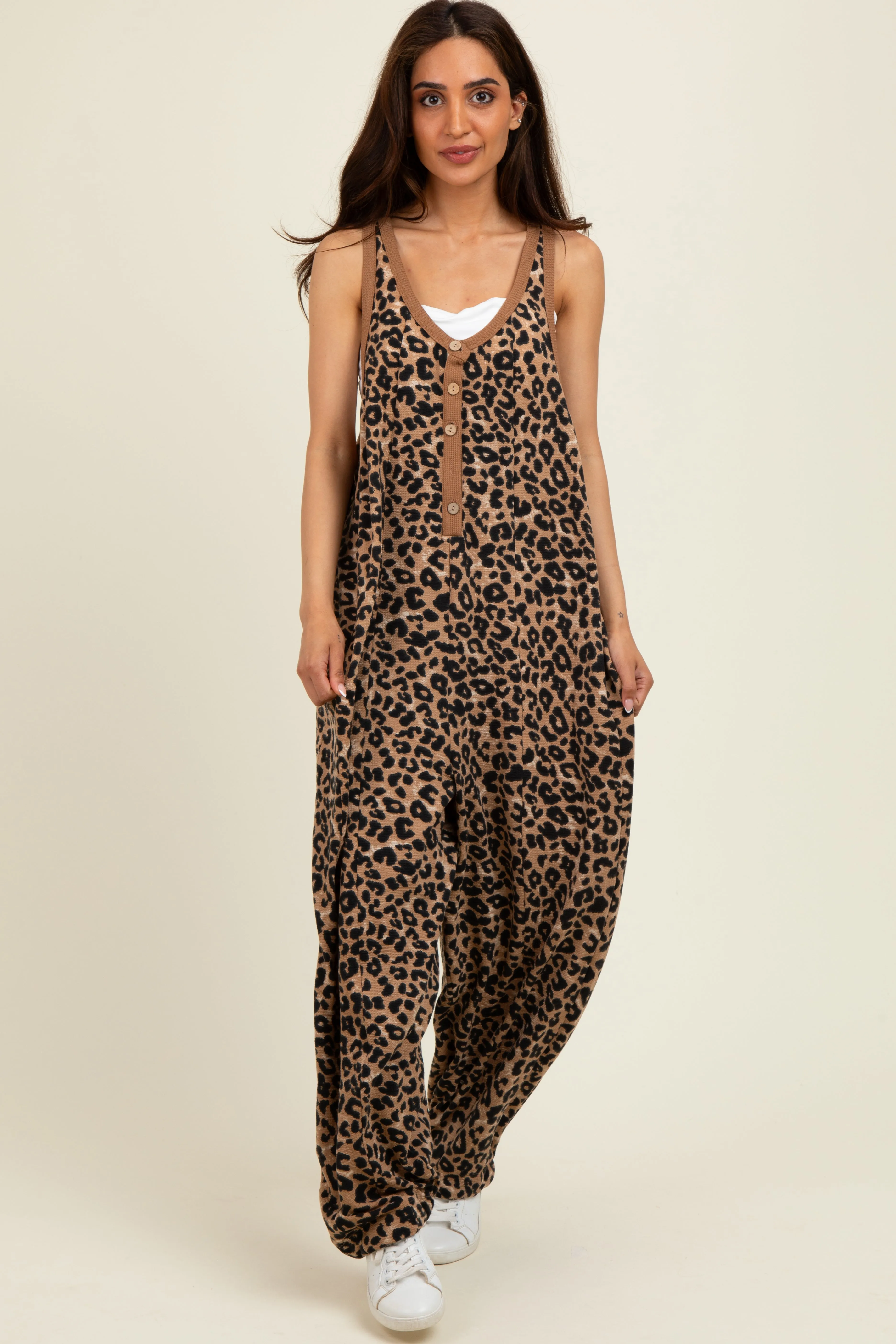 Brown Animal Print Waffle Knit Oversized Jumpsuit sold by Pinkblush product image thumbnail 2