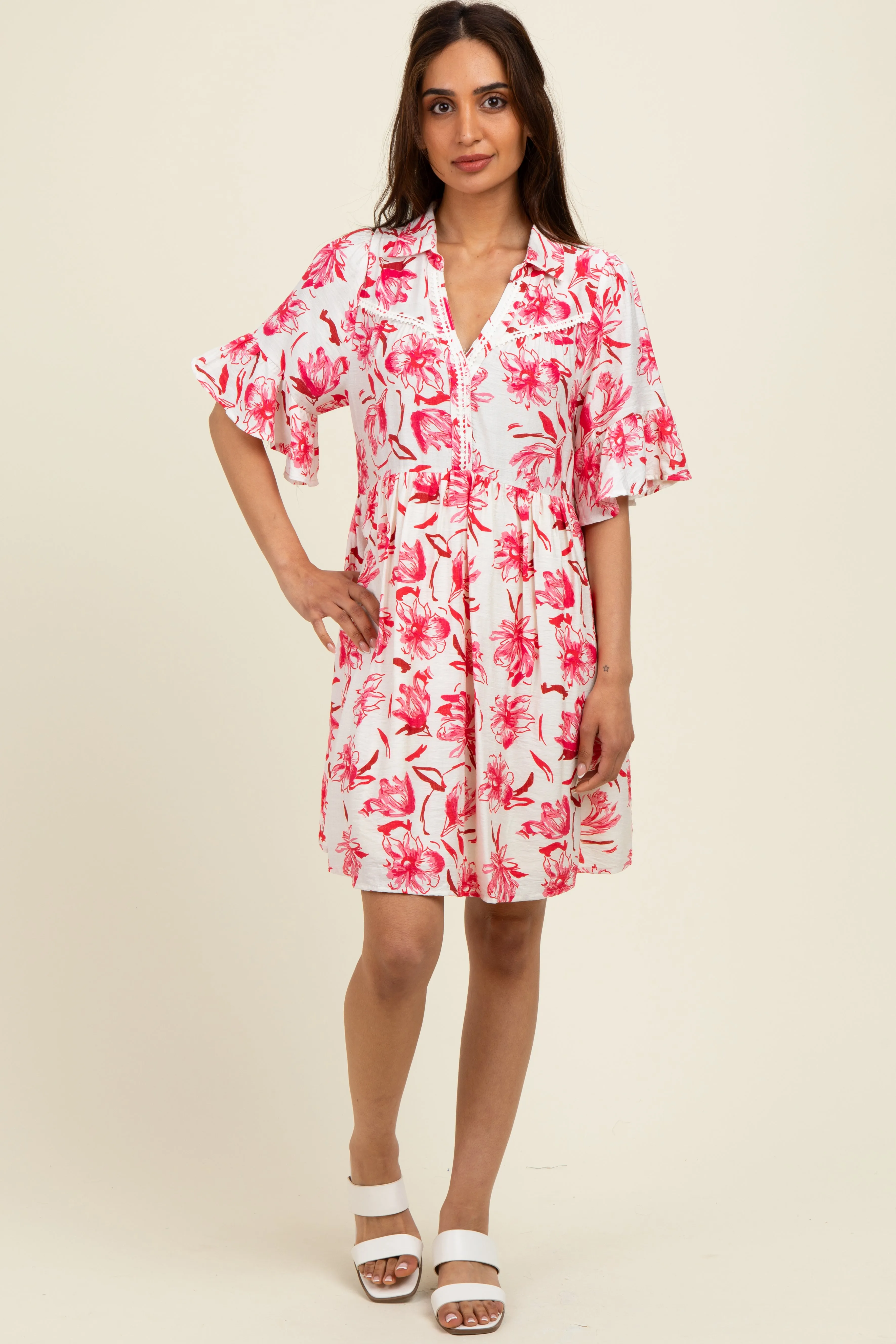 Red Floral V-Neck Crochet Trim Dress sold by Pinkblush