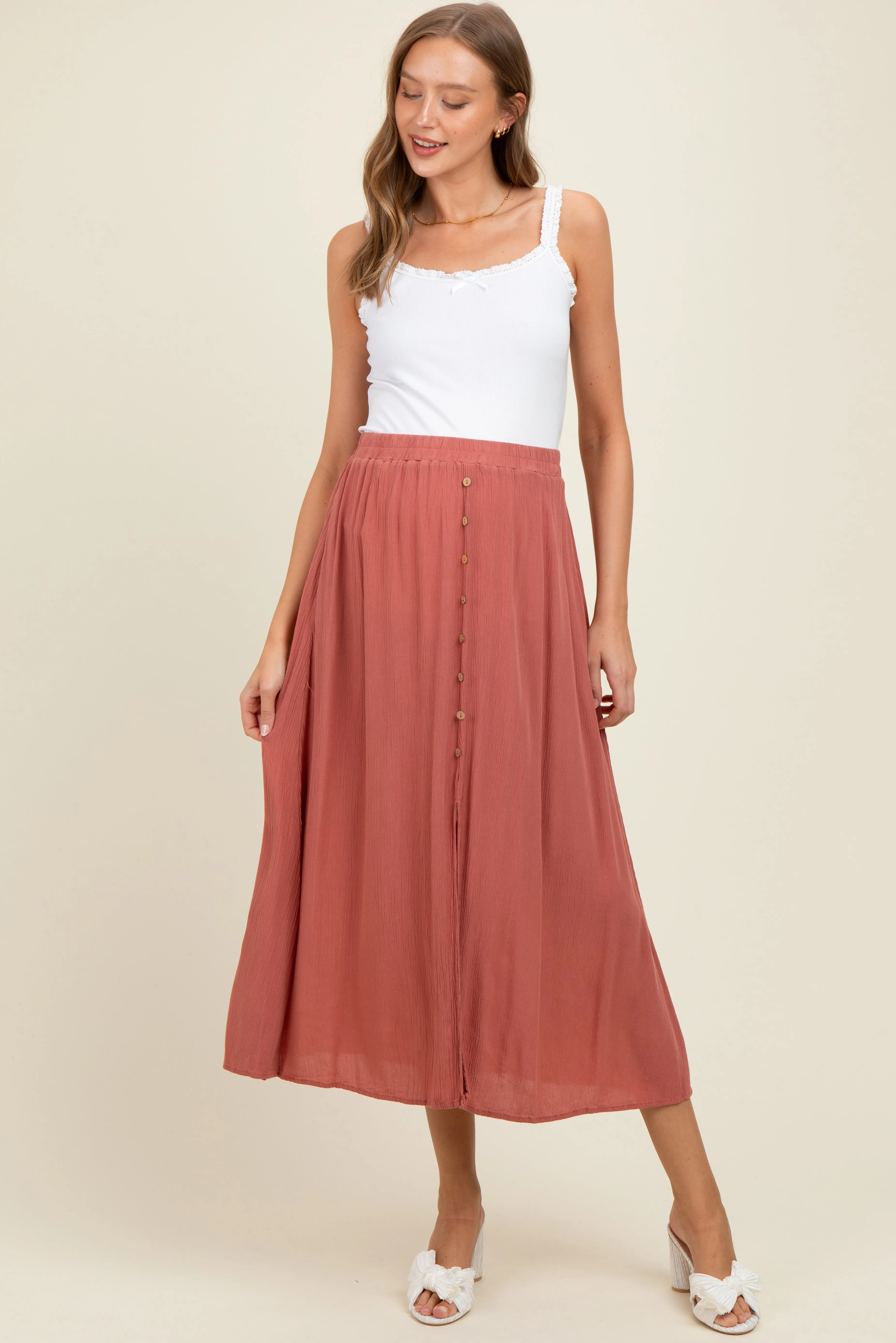 Mauve Button Accent Maternity Maxi Skirt sold by Pinkblush