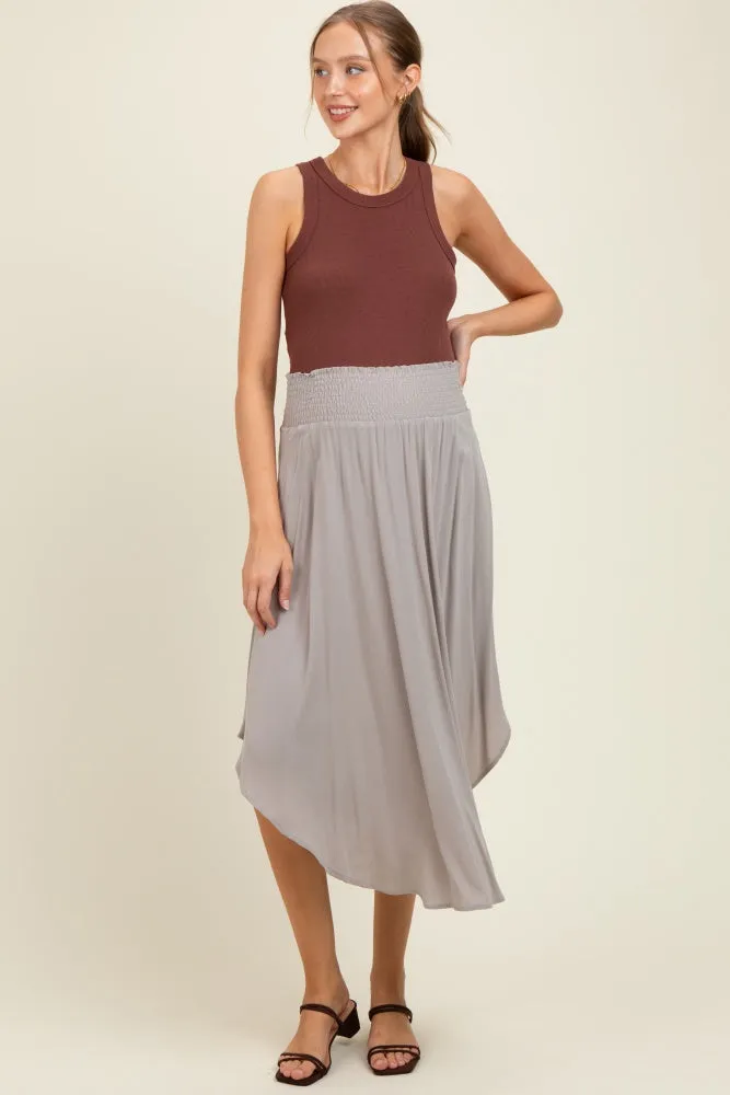 Light Grey Smocked Waist Rounded Hem Maternity Midi Skirt sold by Pinkblush