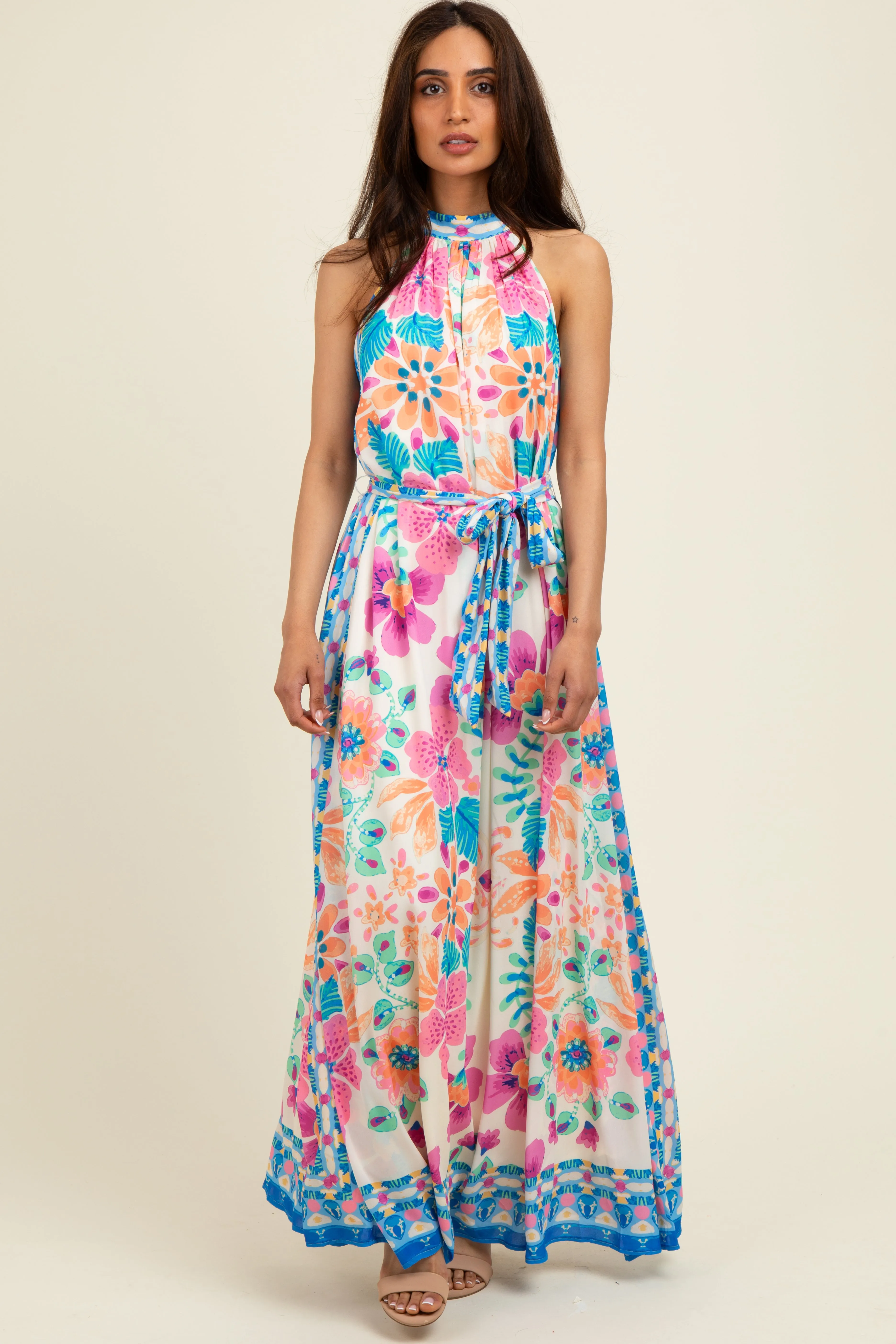 Pink Floral Border Print Halter Maxi Dress sold by Pinkblush product image thumbnail 2