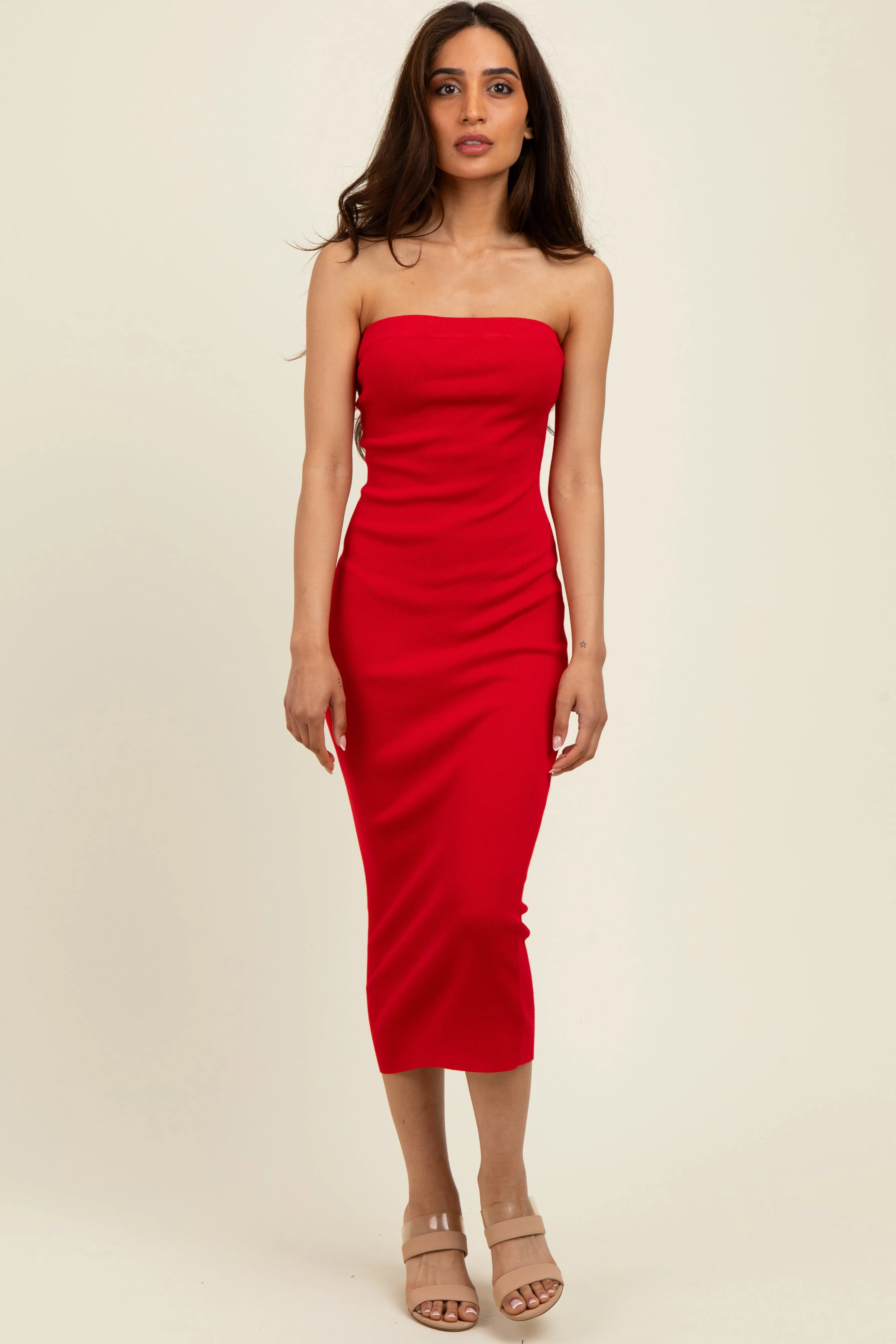 Red Fitted Tube Knit Midi Dress sold by Pinkblush