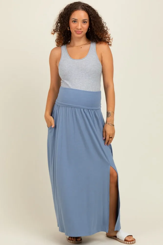 Light Blue Foldover Waist Side Slit Maternity Maxi Skirt sold by Pinkblush