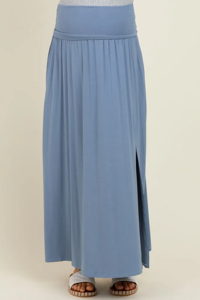Light Blue Foldover Waist Side Slit Maternity Maxi Skirt sold by Pinkblush product image thumbnail 2