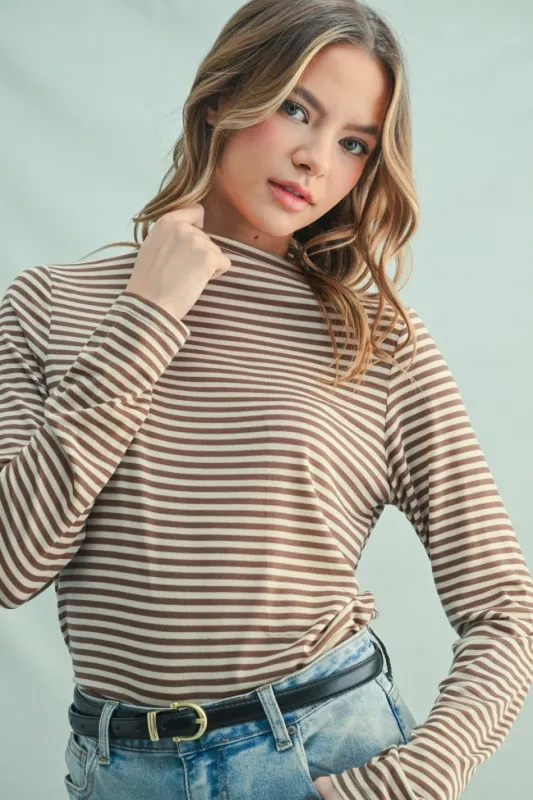 Mocha Striped High Neck Long Sleeve Top sold by Pinkblush