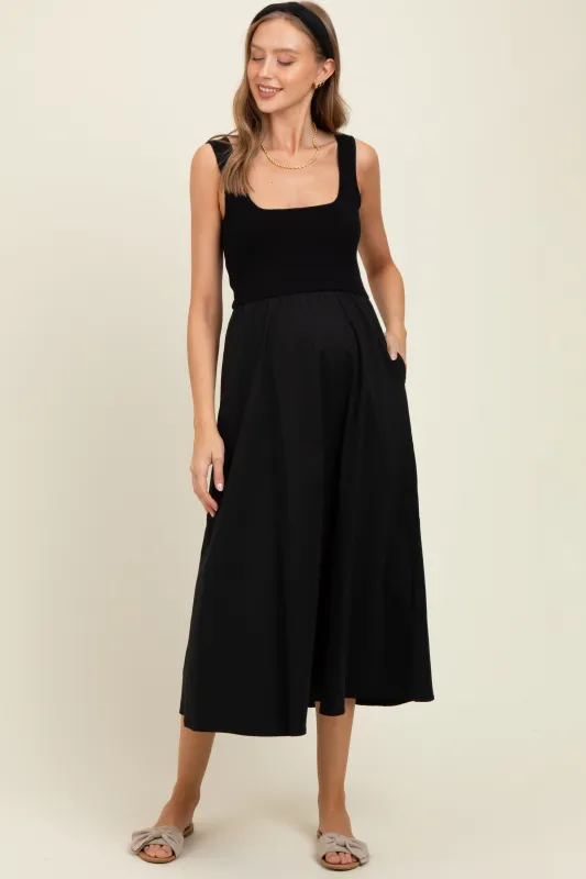 Black Contrast Knit Poplin Sleeveless Maternity Midi Dress sold by Pinkblush