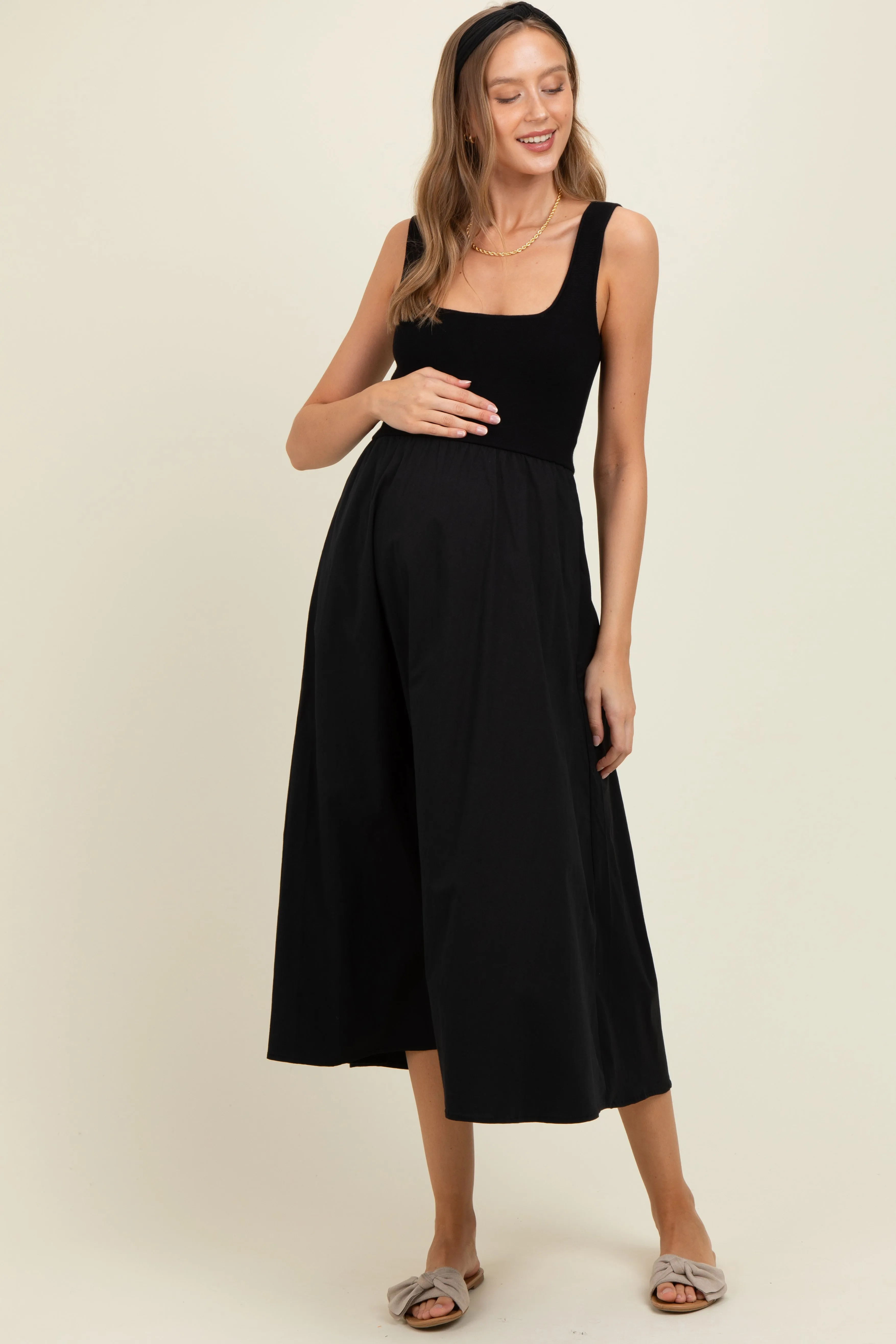 Black Contrast Knit Poplin Sleeveless Maternity Midi Dress sold by Pinkblush product image thumbnail 2