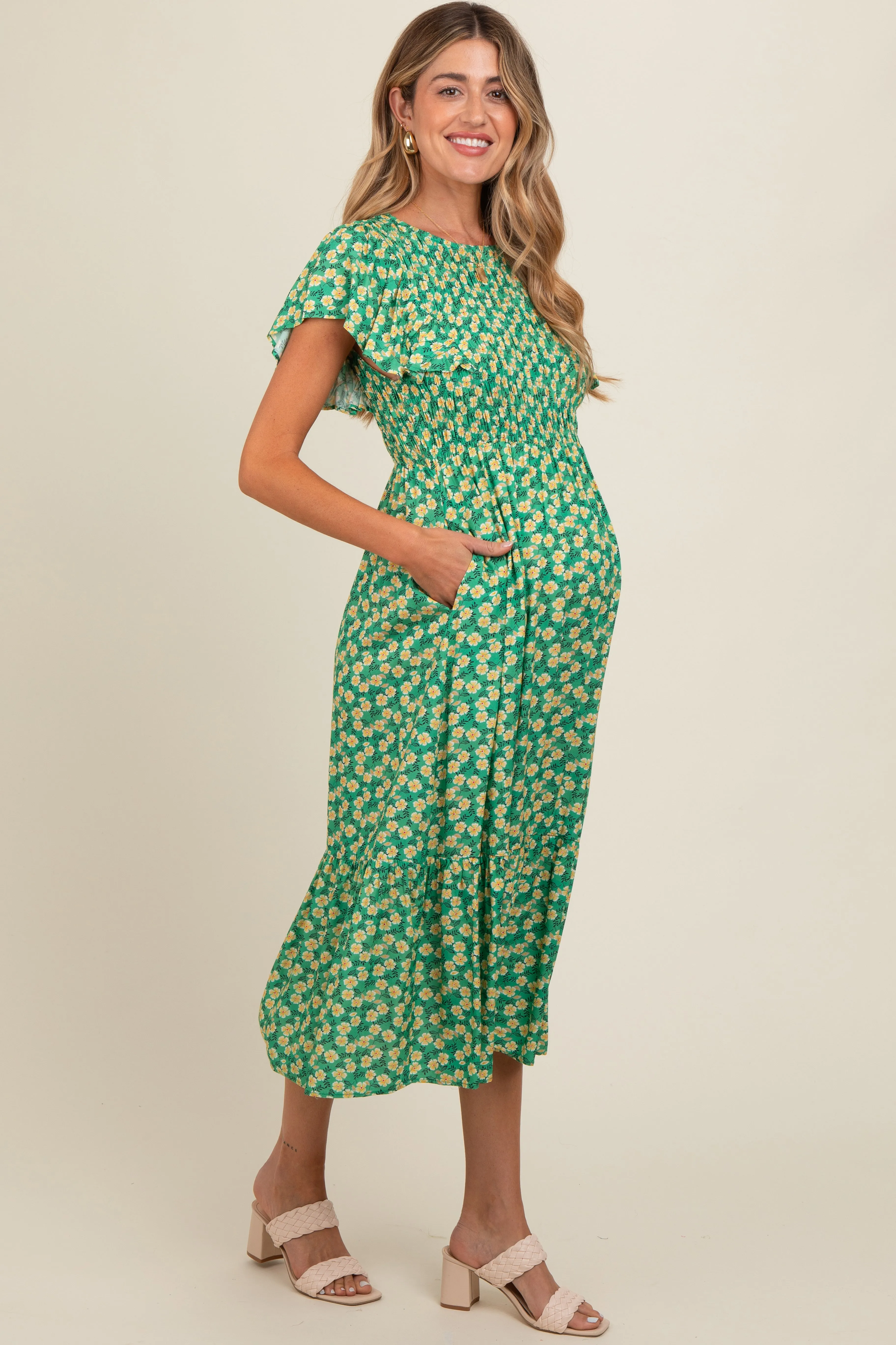 Green Floral Smocked Maternity Midi Dress sold by Pinkblush product image thumbnail 3