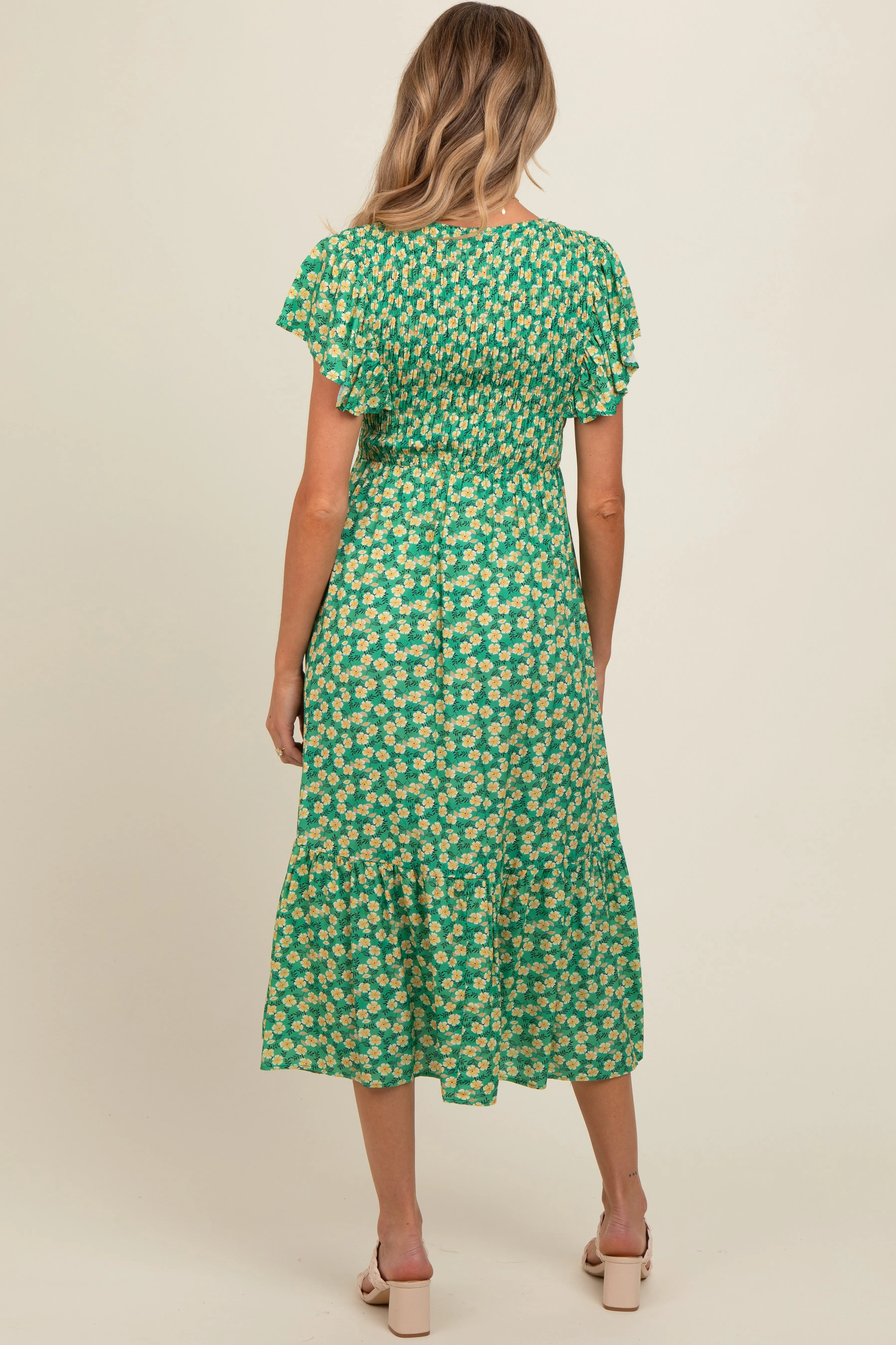 Green Floral Smocked Maternity Midi Dress sold by Pinkblush product image thumbnail 4