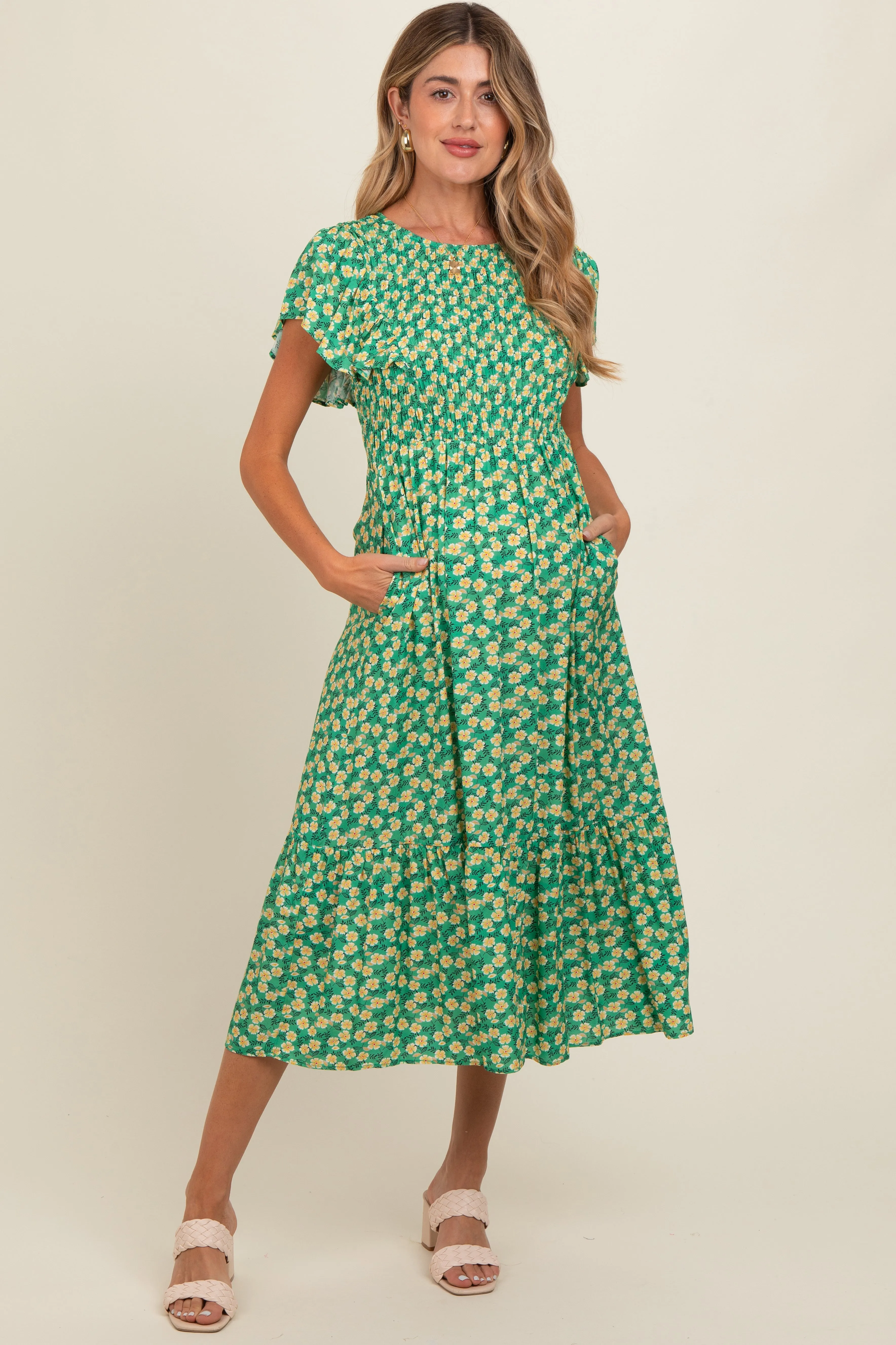 Green Floral Smocked Maternity Midi Dress sold by Pinkblush