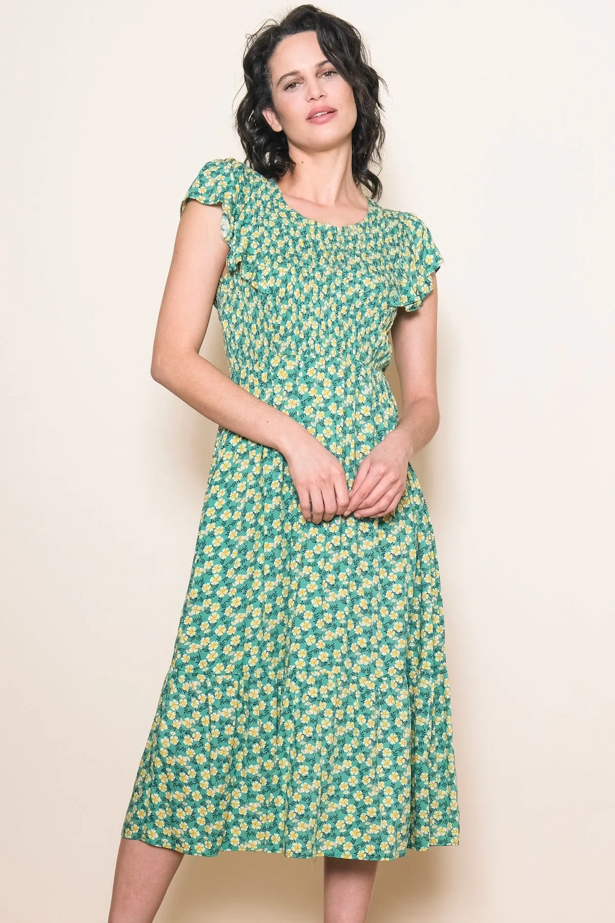 Green Floral Smocked Maternity Midi Dress sold by Pinkblush product image thumbnail 5