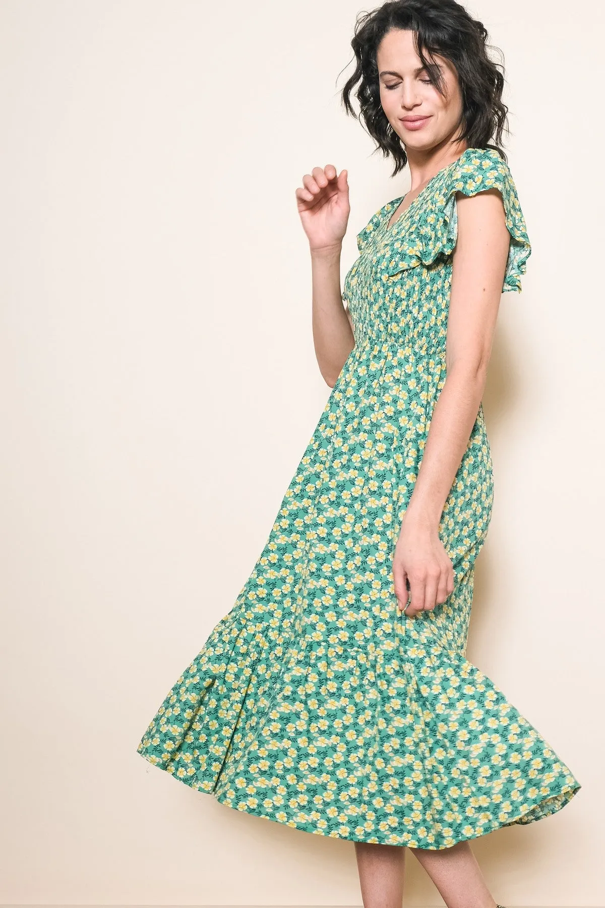 Green Floral Smocked Midi Dress sold by Pinkblush product image thumbnail 2