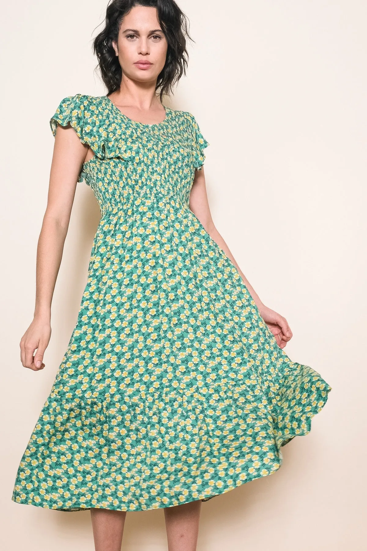 Green Floral Smocked Midi Dress sold by Pinkblush product image thumbnail 3