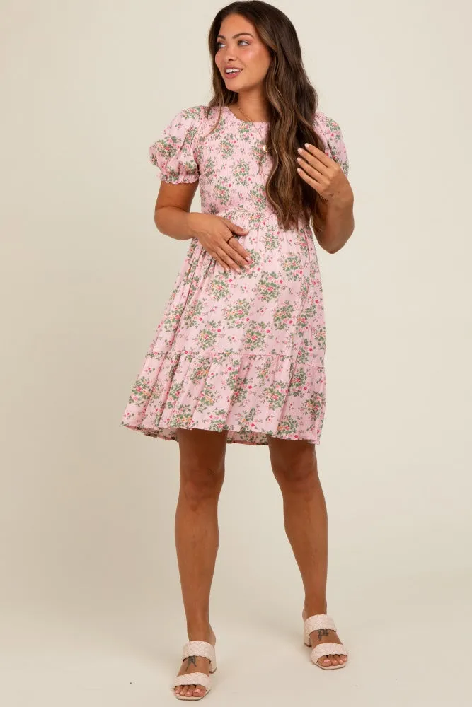 Light Pink Floral Smocked Puff Sleeve Maternity Dress sold by Pinkblush product image thumbnail 2