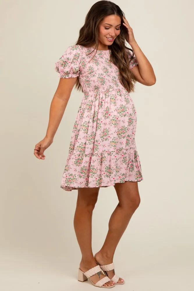Light Pink Floral Smocked Puff Sleeve Maternity Dress sold by Pinkblush product image thumbnail 3