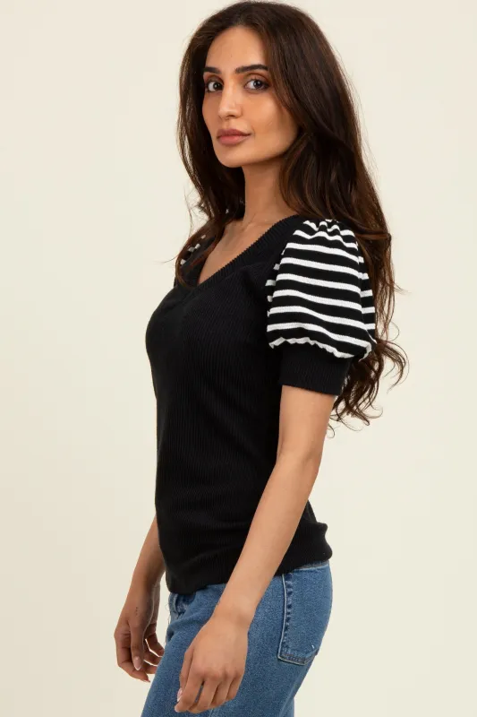 Black/Black Striped Ribbed Short Puff Sleeve V-Neck Top sold by Pinkblush