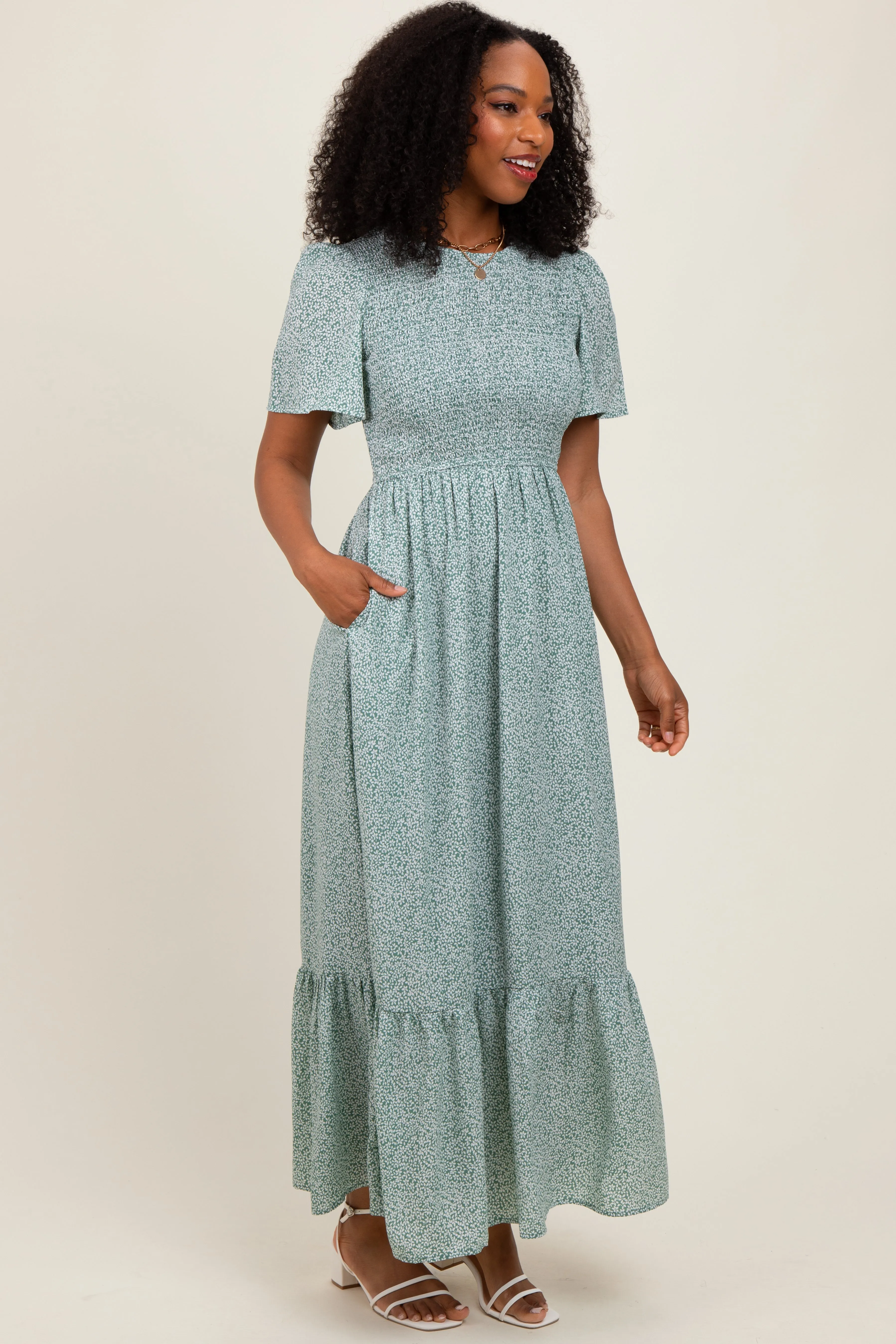 Light Olive Floral Smocked Midi Dress sold by Pinkblush product image thumbnail 3