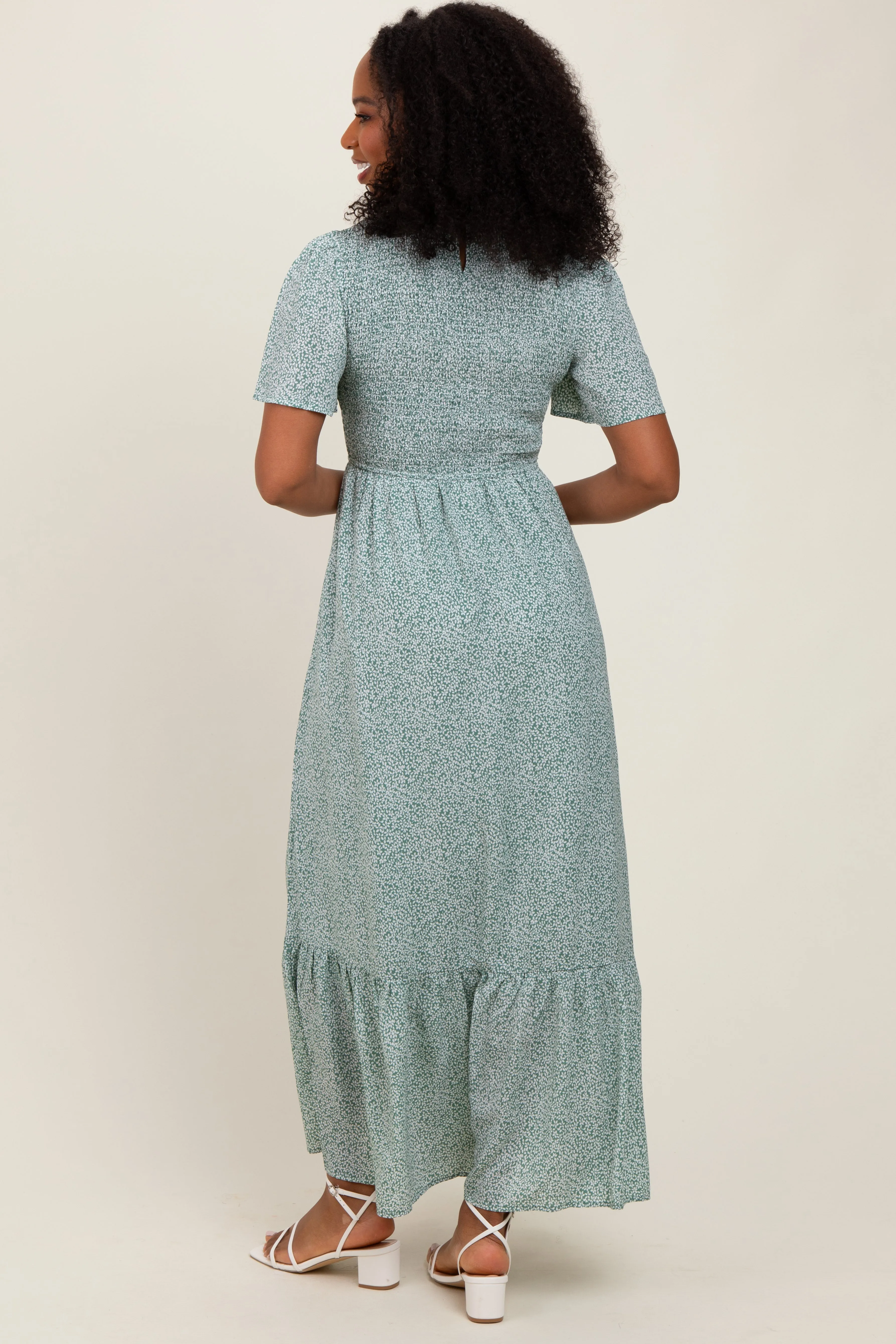 Light Olive Floral Smocked Midi Dress sold by Pinkblush product image thumbnail 4