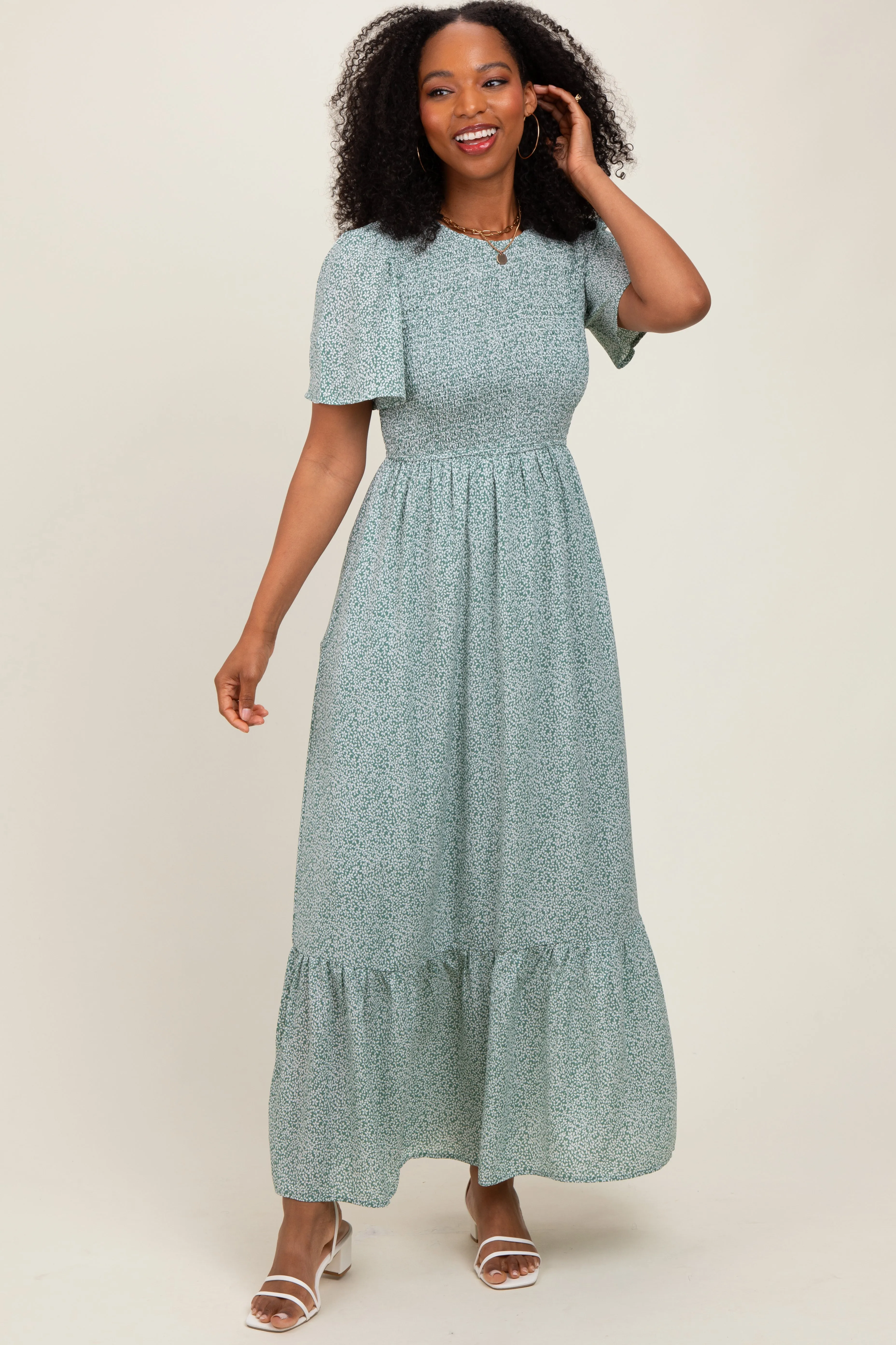 Light Olive Floral Smocked Midi Dress sold by Pinkblush
