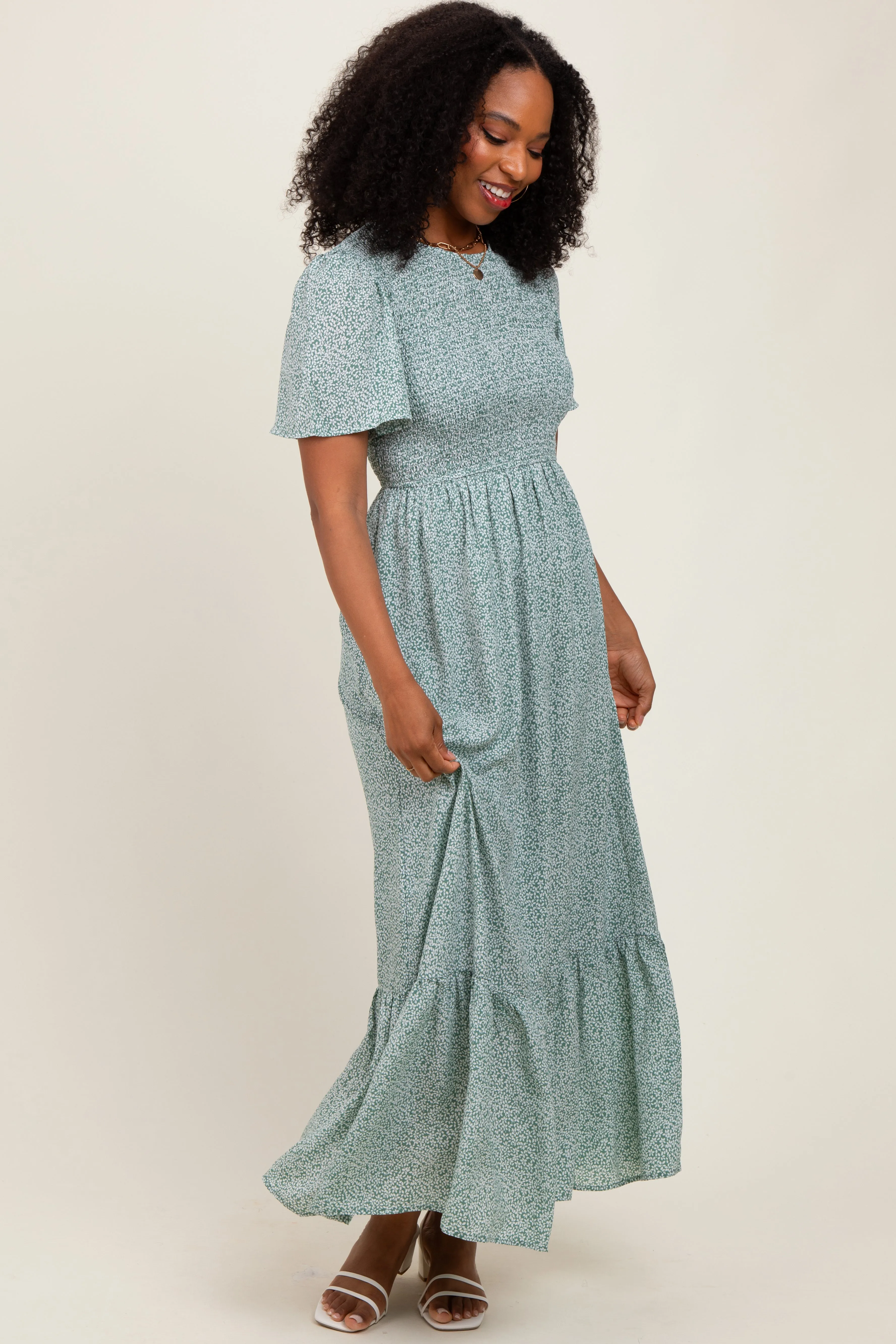 Light Olive Floral Smocked Midi Dress sold by Pinkblush product image thumbnail 2