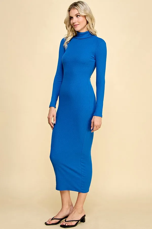 Blue Turtle Neck Ribbed Fitted Long Sleeve Maxi Dress sold by Pinkblush product image thumbnail 3