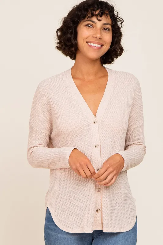 Beige Waffle Knit Button Down Top sold by Pinkblush
