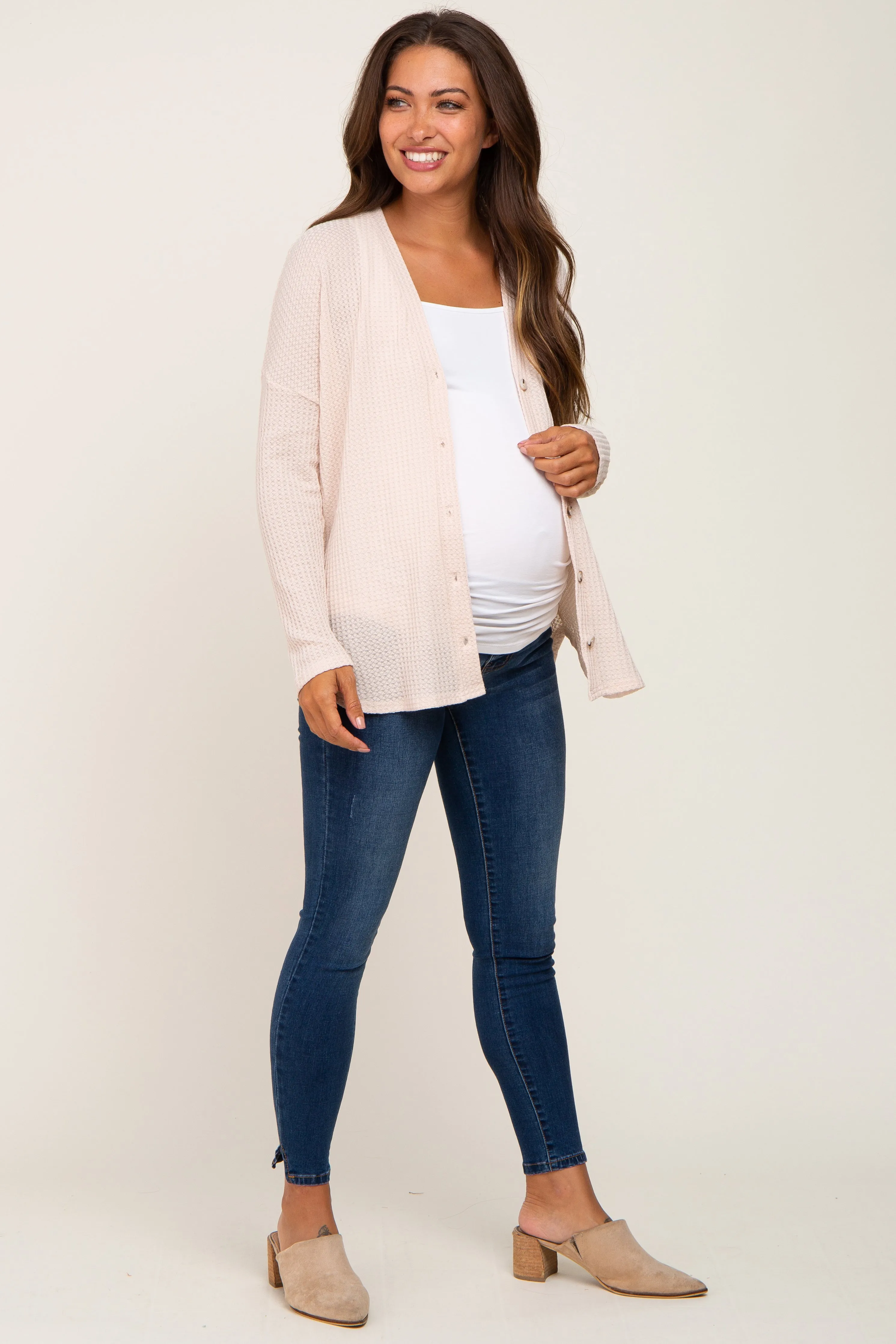 Beige Waffle Knit Button Down Maternity Top sold by Pinkblush product image thumbnail 4