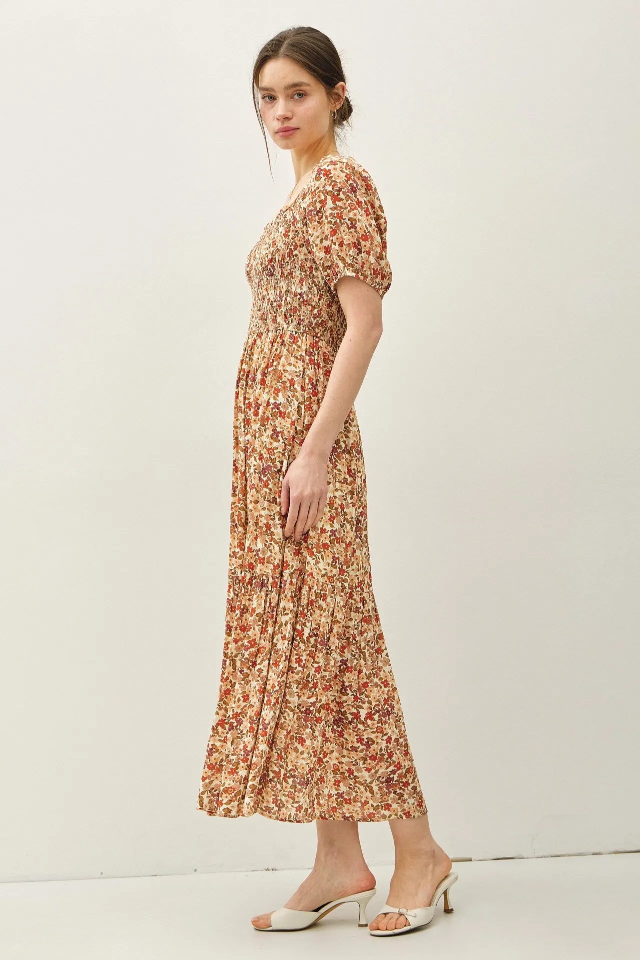 Rust Floral Smocked Tiered Midi Dress sold by Pinkblush product image thumbnail 3