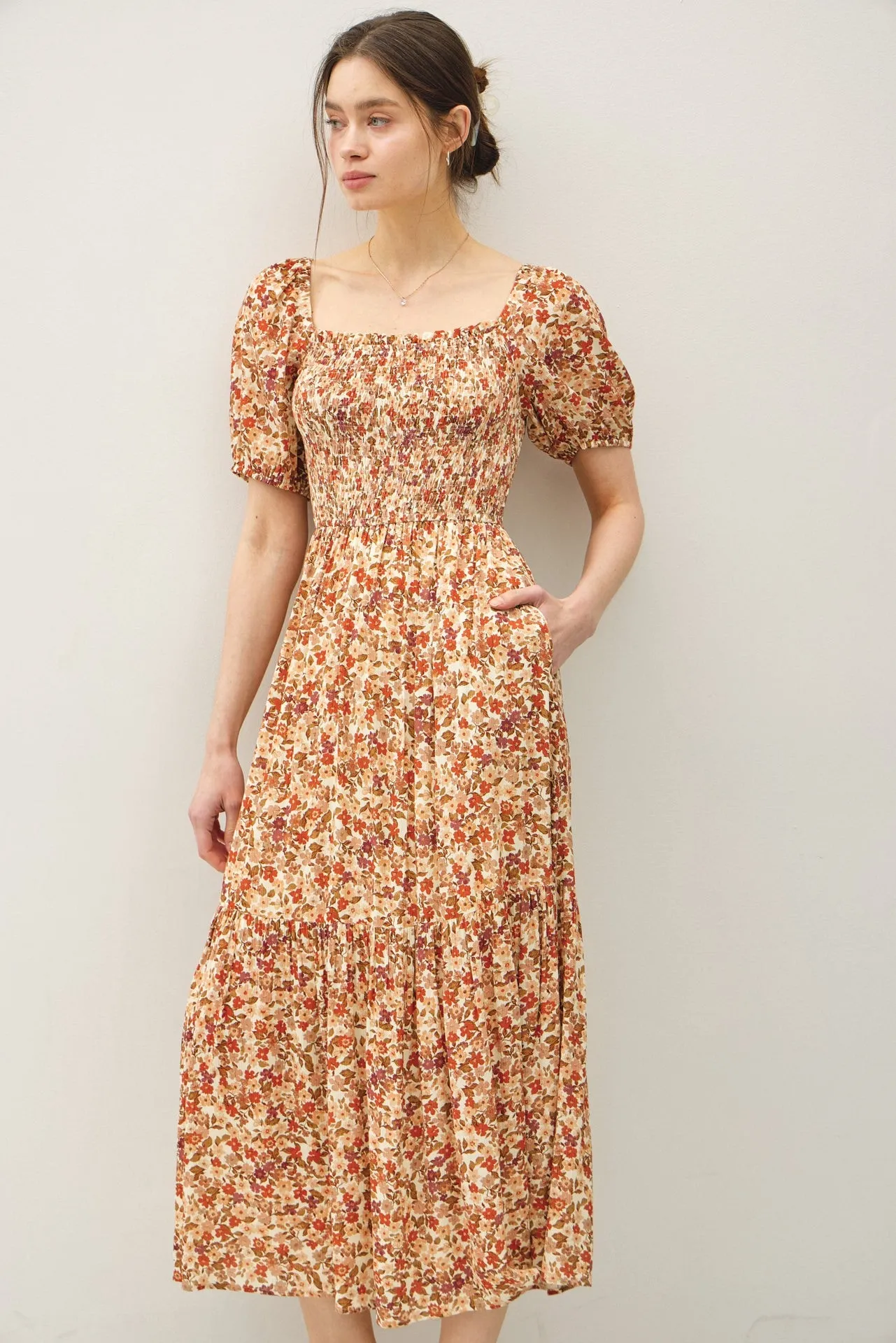 Rust Floral Smocked Tiered Midi Dress sold by Pinkblush product image thumbnail 4
