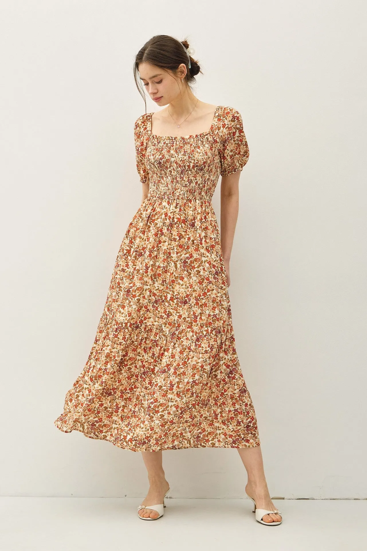 Rust Floral Smocked Tiered Midi Dress sold by Pinkblush