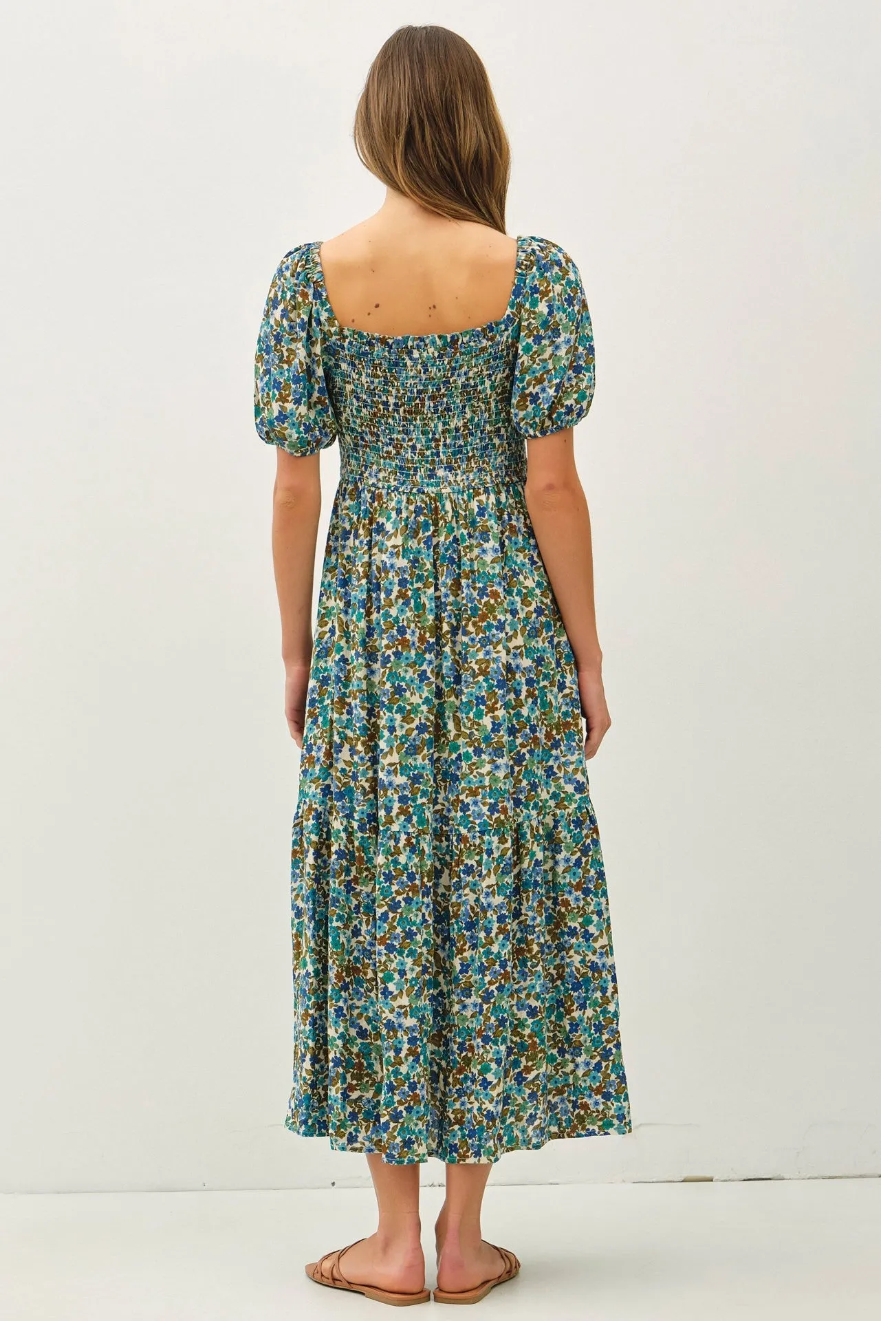 Blue Floral Smocked Tiered Midi Dress sold by Pinkblush product image thumbnail 3