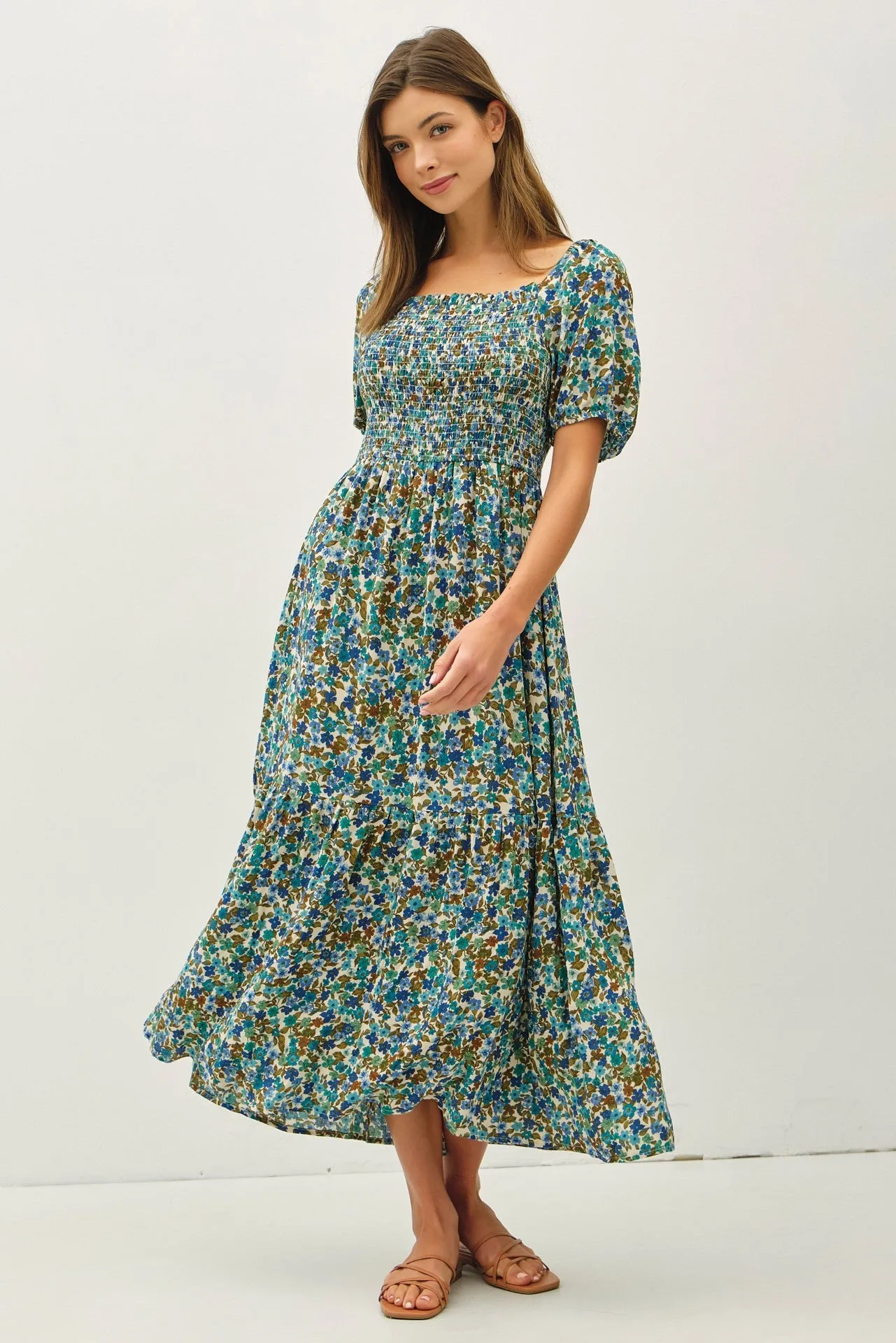 Blue Floral Smocked Tiered Midi Dress sold by Pinkblush