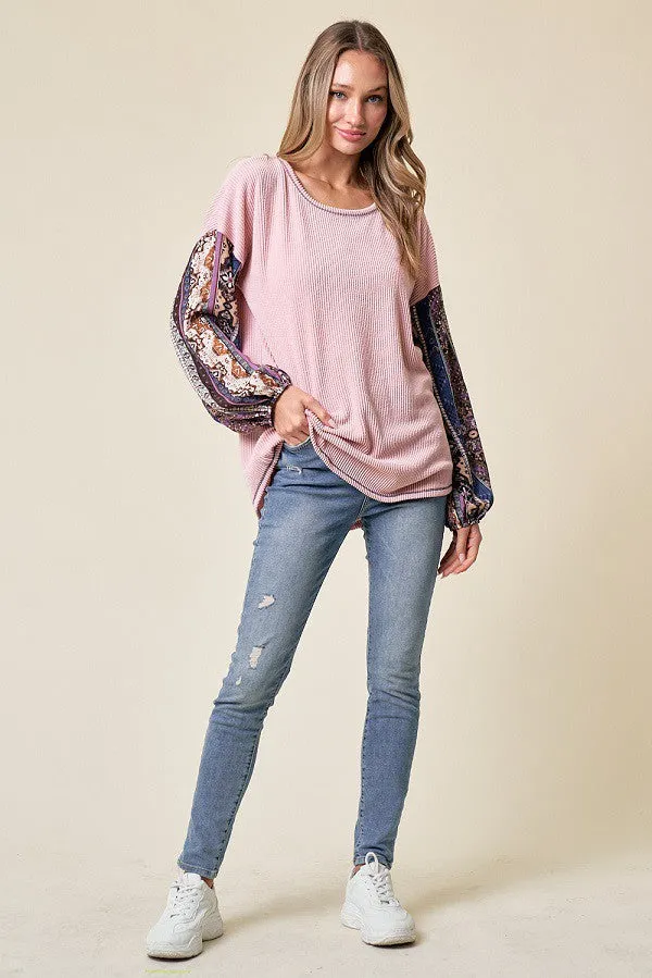 Light Pink Floral Ribbed Knit Colorblock Long Sleeve Top sold by Pinkblush product image thumbnail 3