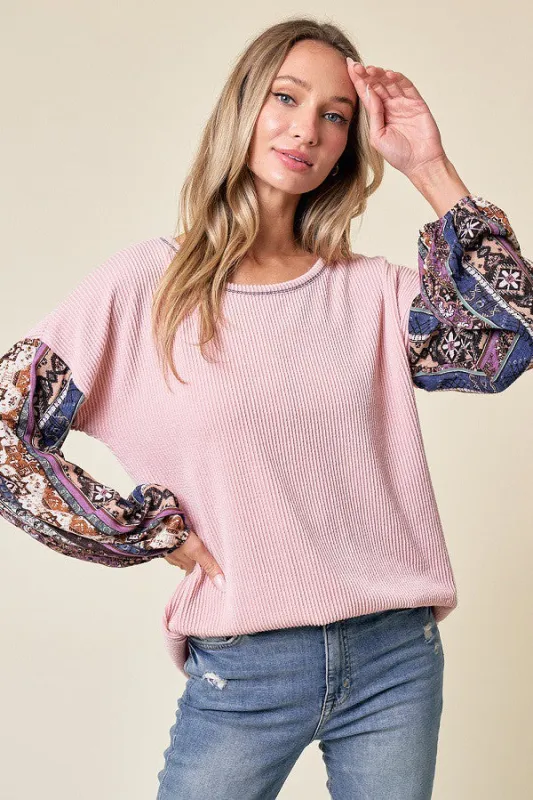 Light Pink Floral Ribbed Knit Colorblock Long Sleeve Top sold by Pinkblush