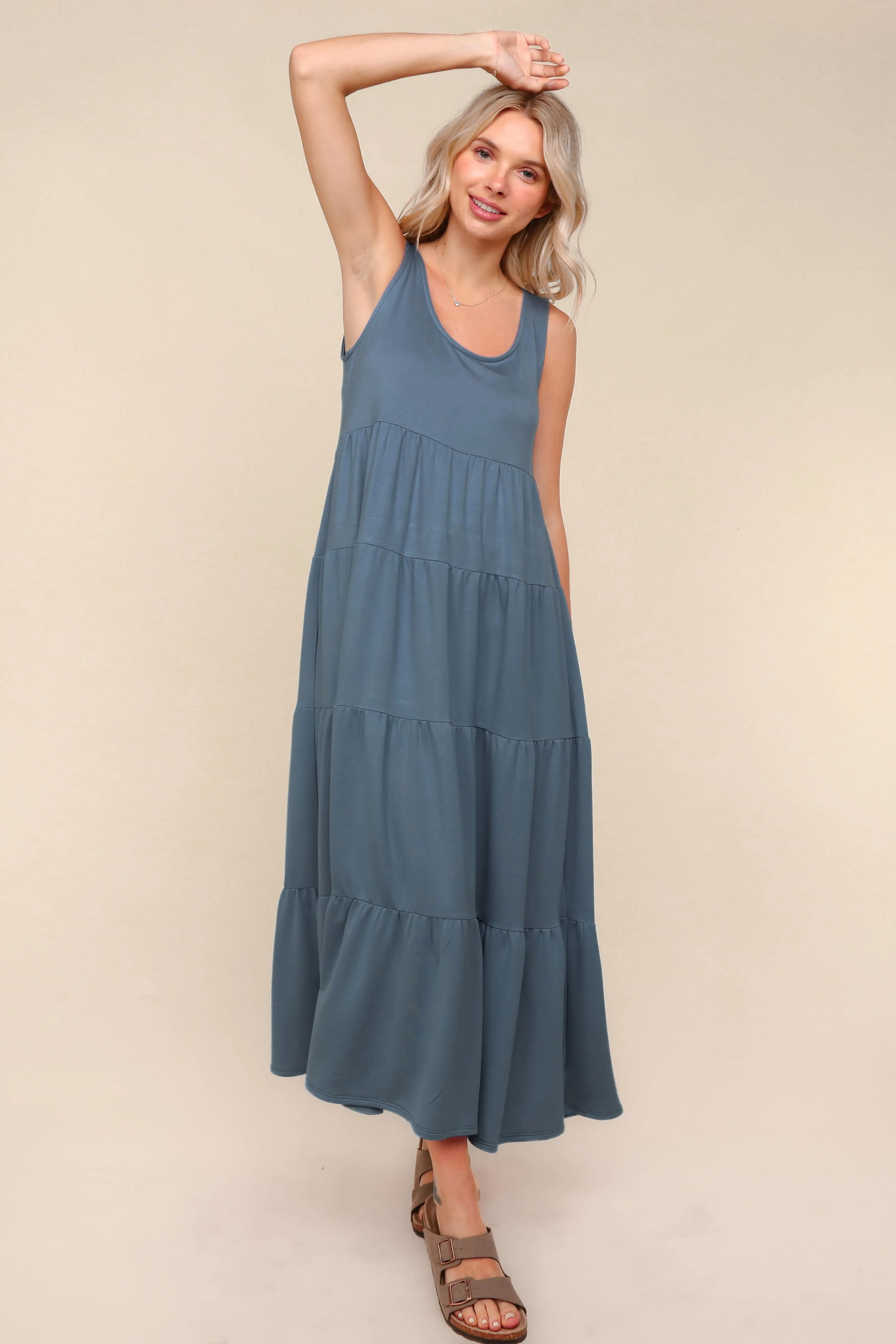 Navy Blue Solid Tiered French Terry Maxi Dress sold by Pinkblush product image thumbnail 2