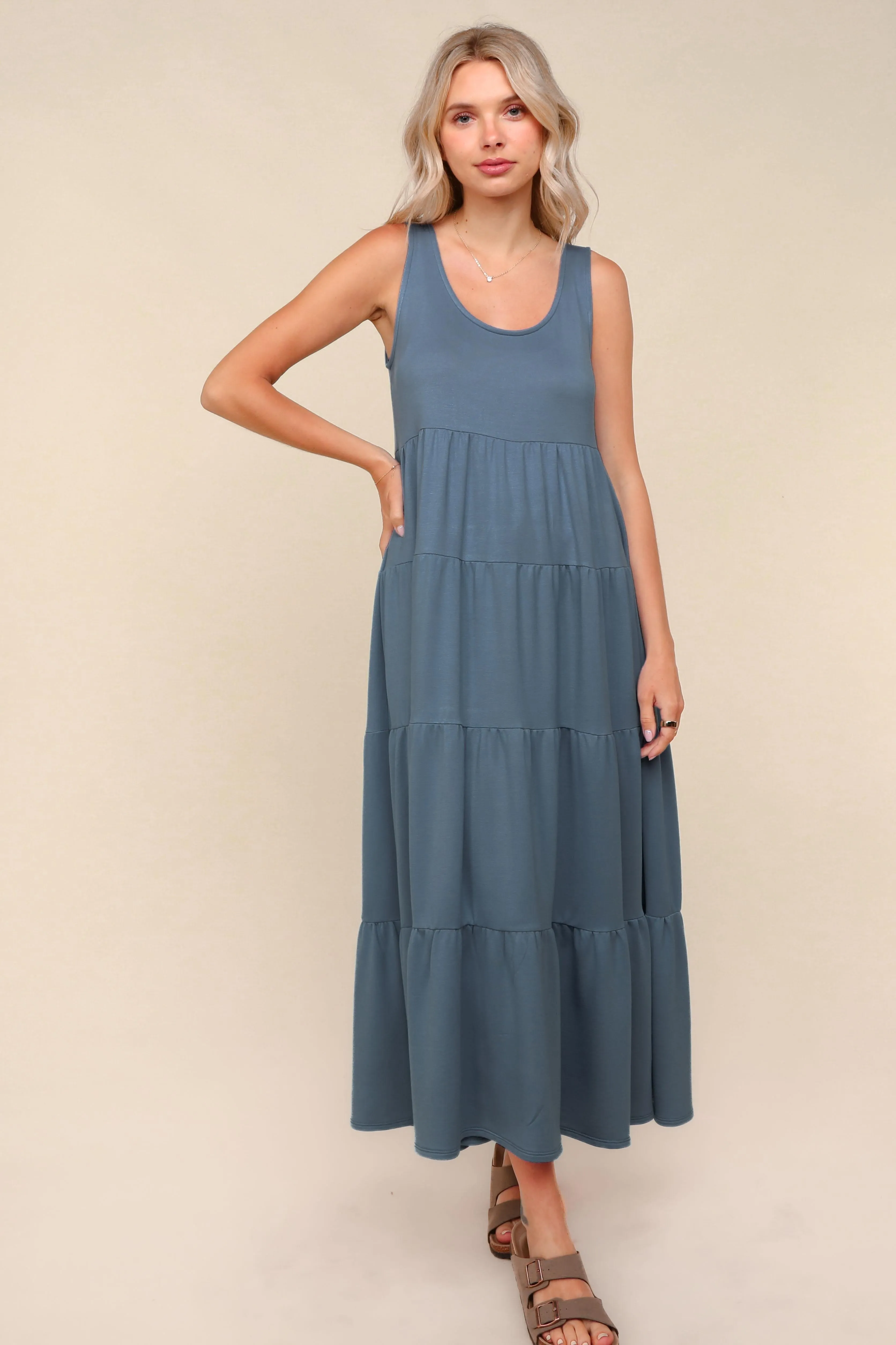 Navy Blue Solid Tiered French Terry Maxi Dress sold by Pinkblush
