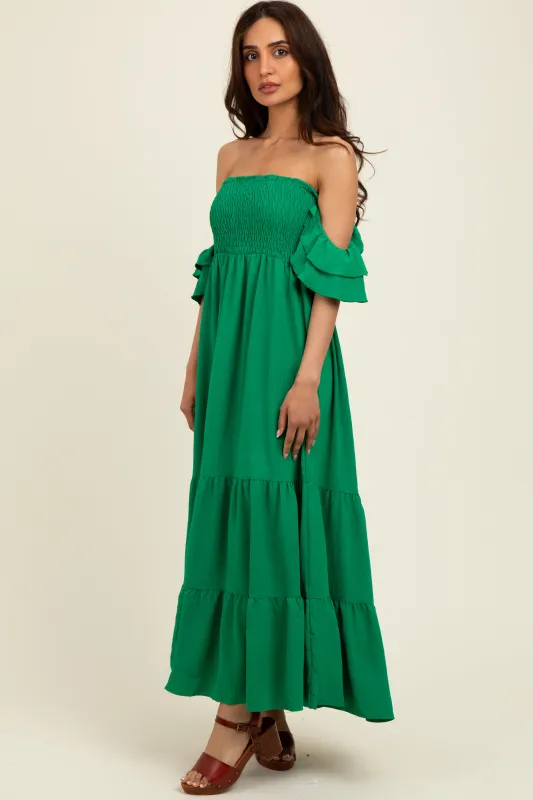 Kelly Green Solid Flared Sleeve Long Tiered Dress sold by Pinkblush
