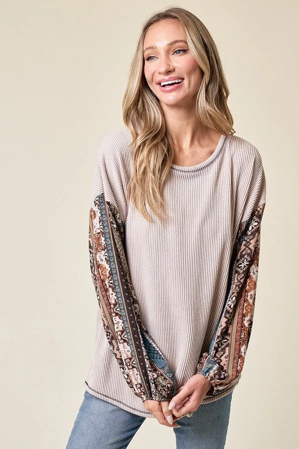 Beige Floral Ribbed Knit Colorblock Long Sleeve Top sold by Pinkblush