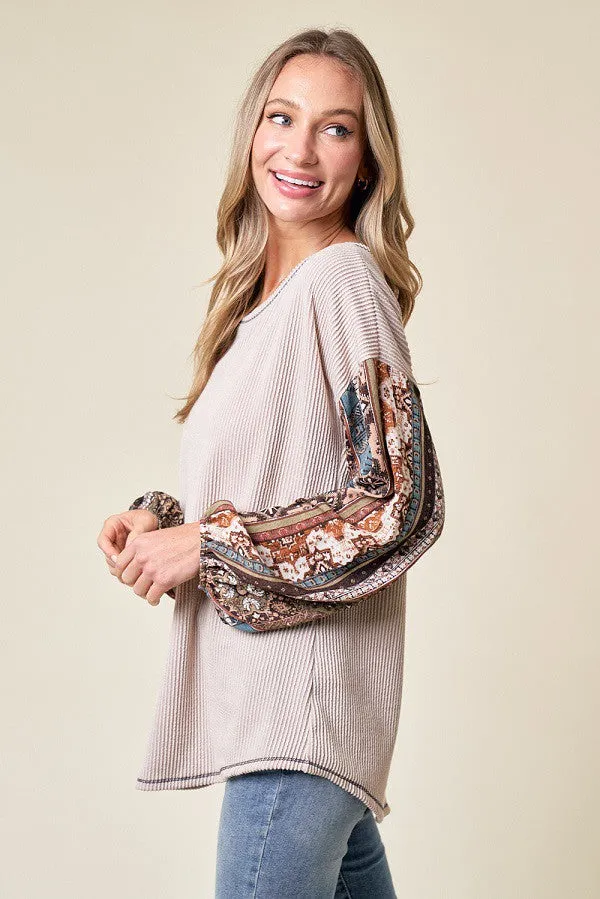 Beige Floral Ribbed Knit Colorblock Long Sleeve Top sold by Pinkblush product image thumbnail 3