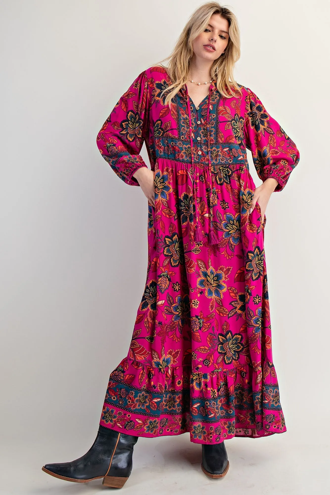 Magenta Floral Tassel Tie Long Sleeve Maxi Dress sold by Pinkblush