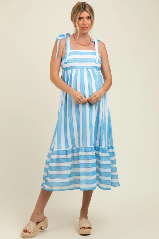 Light Blue Wide Stripe Shoulder Tie Maternity Midi Dress sold by Pinkblush