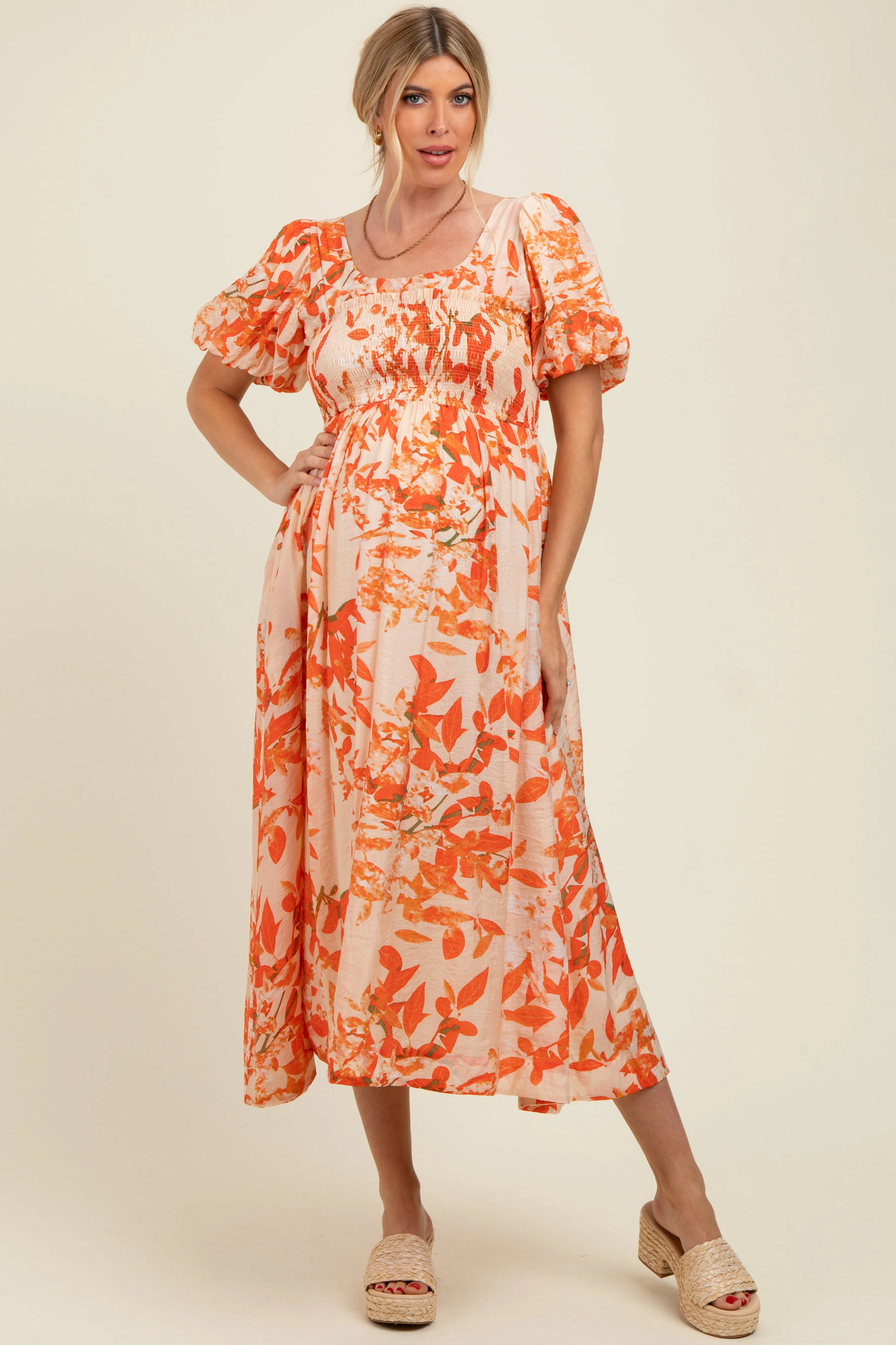 Orange Print Puff Sleeve Square Neck Maternity Maxi Dress sold by Pinkblush