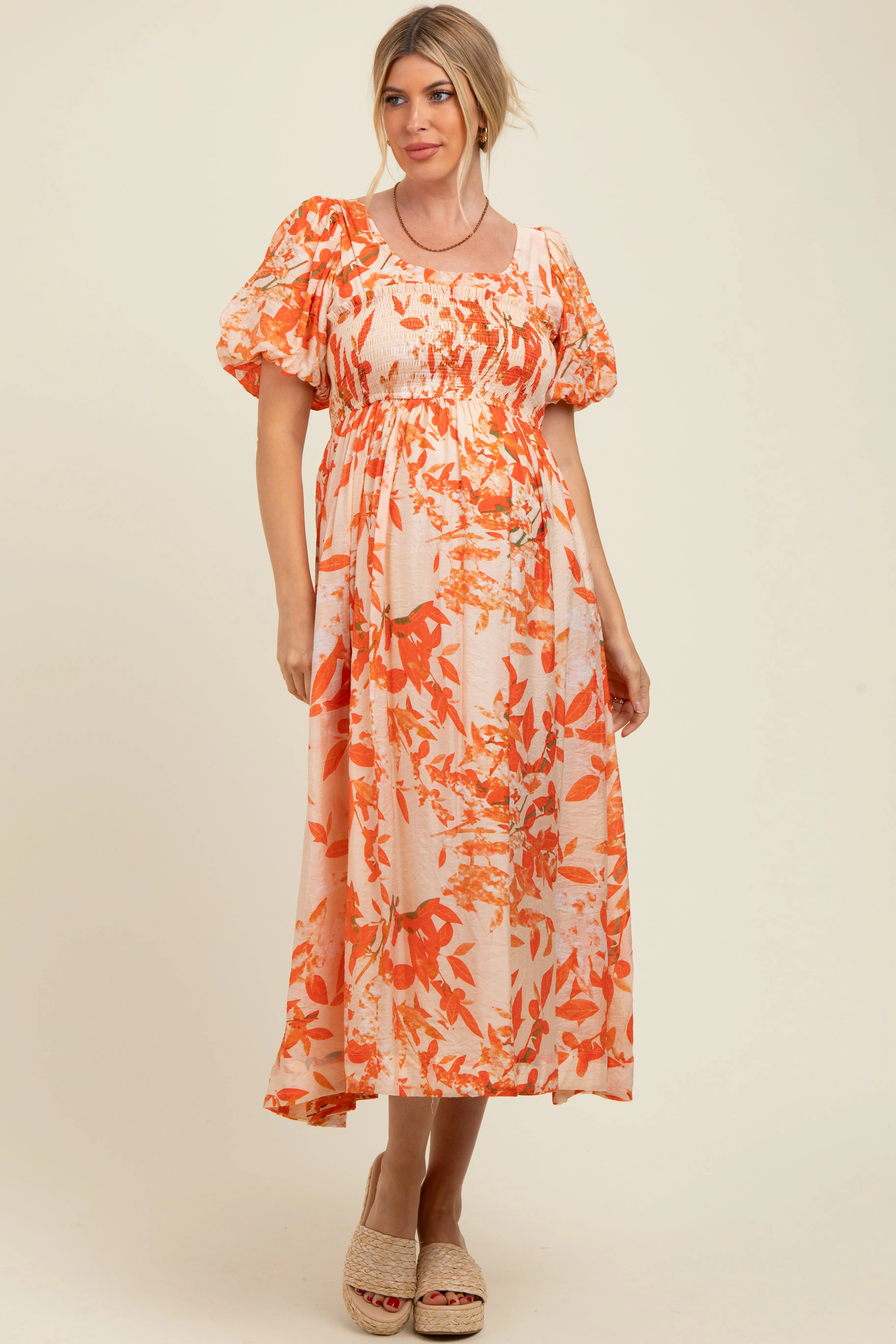 Orange Print Puff Sleeve Square Neck Maternity Maxi Dress sold by Pinkblush product image thumbnail 2