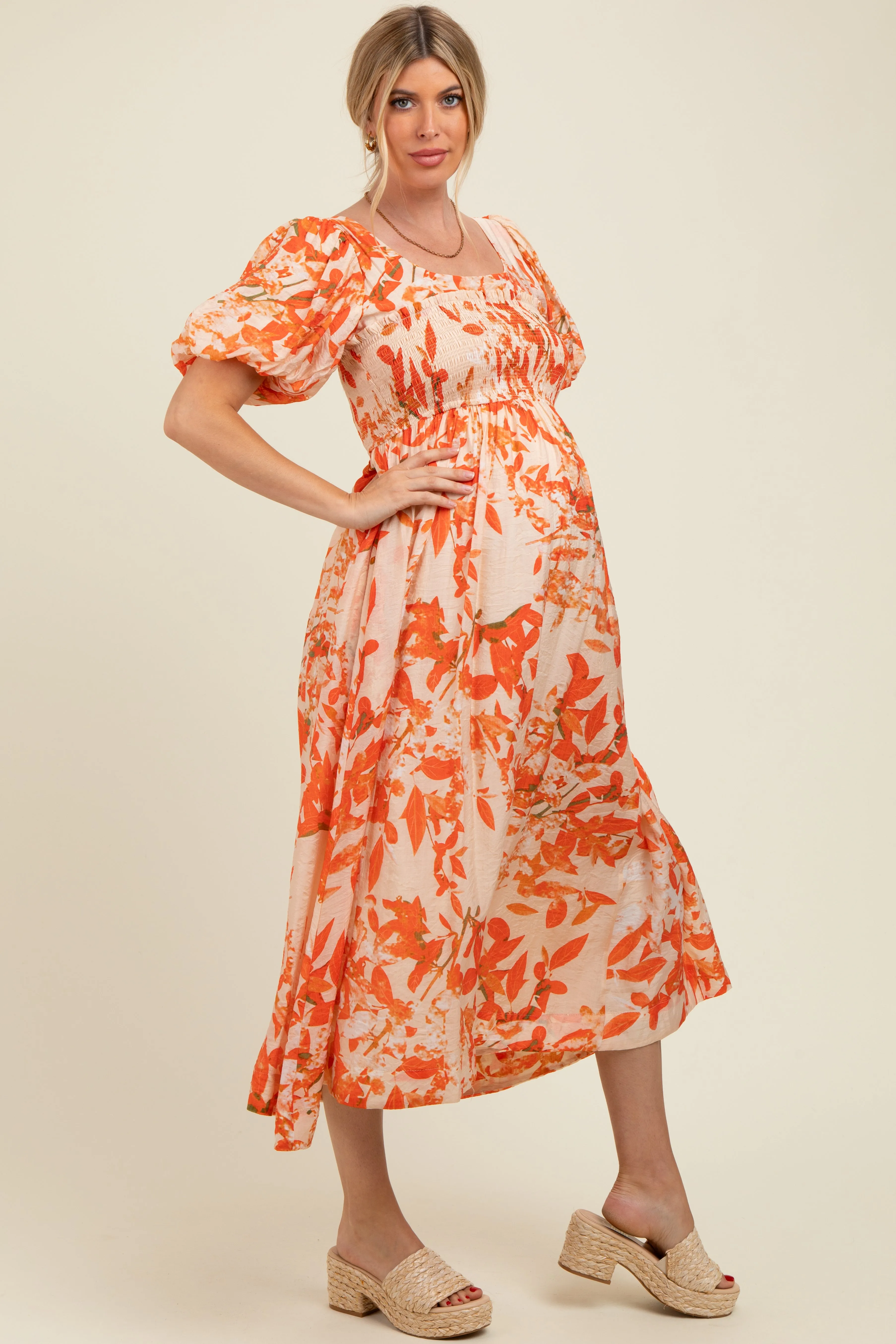 Orange Print Puff Sleeve Square Neck Maternity Maxi Dress sold by Pinkblush product image thumbnail 3