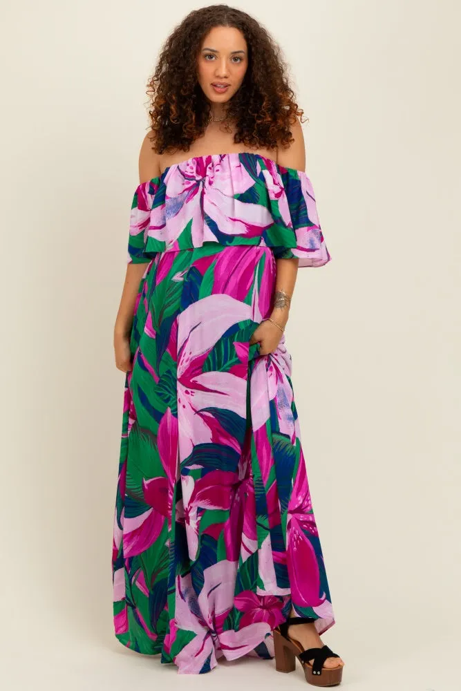 Purple Tropical Floral Off Shoulder Flounce Maternity Maxi Dress sold by Pinkblush