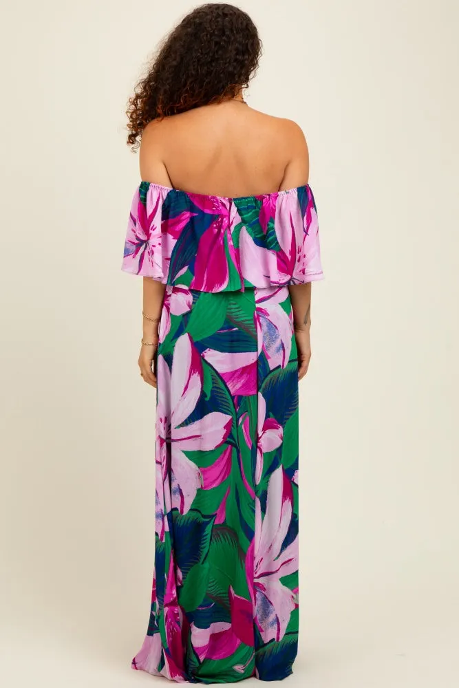 Purple Tropical Floral Off Shoulder Flounce Maternity Maxi Dress sold by Pinkblush product image thumbnail 2
