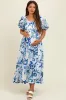 Royal Blue Print Puff Sleeve Square Neck Maternity Maxi Dress sold by Pinkblush