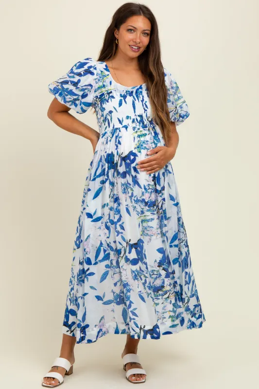 Royal Blue Print Puff Sleeve Square Neck Maternity Maxi Dress sold by Pinkblush